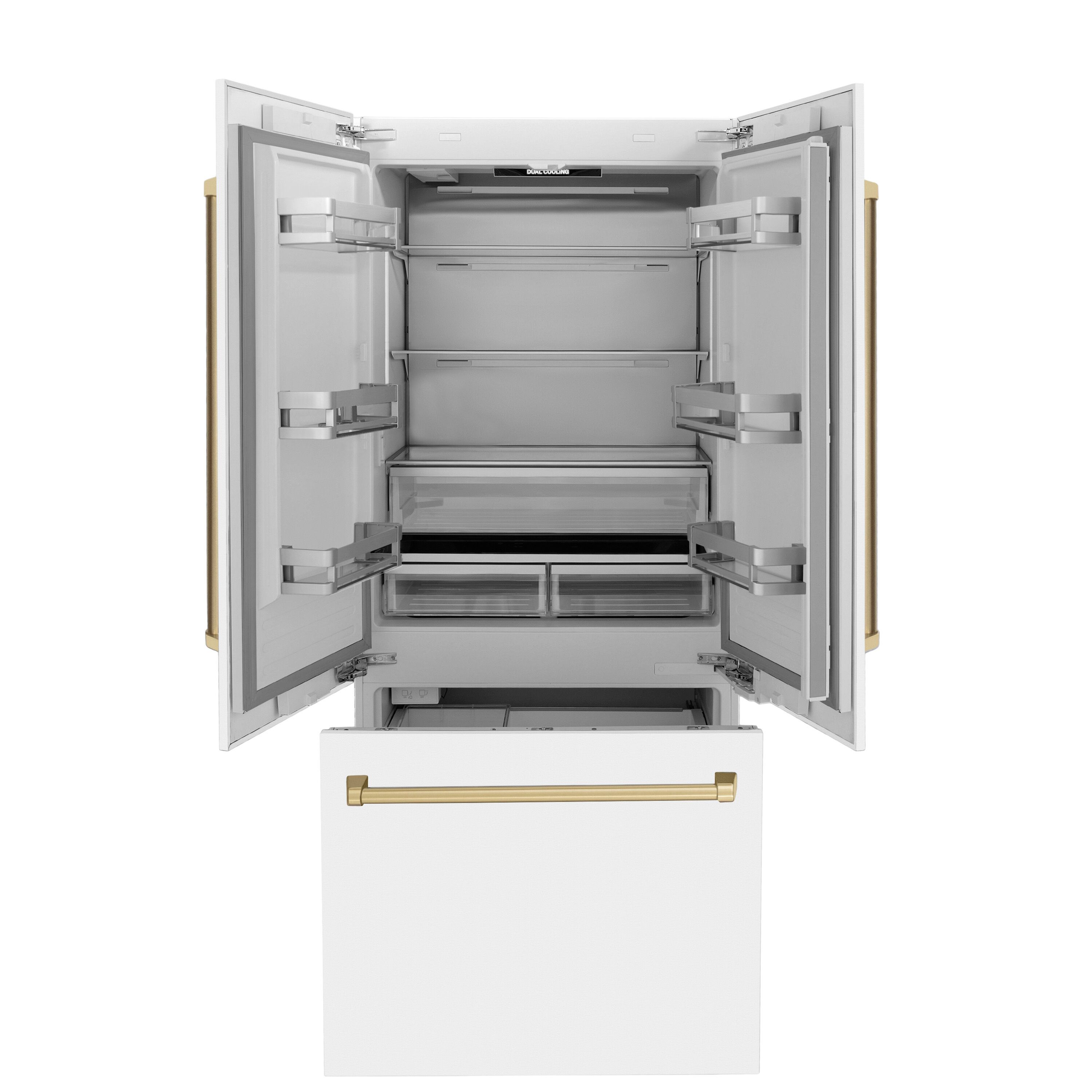 Refrigerador empotrado de puertas francesas con fabricador de hielo y dispensador de agua, de acero inoxidable con puerta mate blanca y mango de acento de bronce champana, certificado ENERGY STAR, ZLINE KITCHEN & BATH Counter-Depth 19.6 pies cúbicos de capacidad.