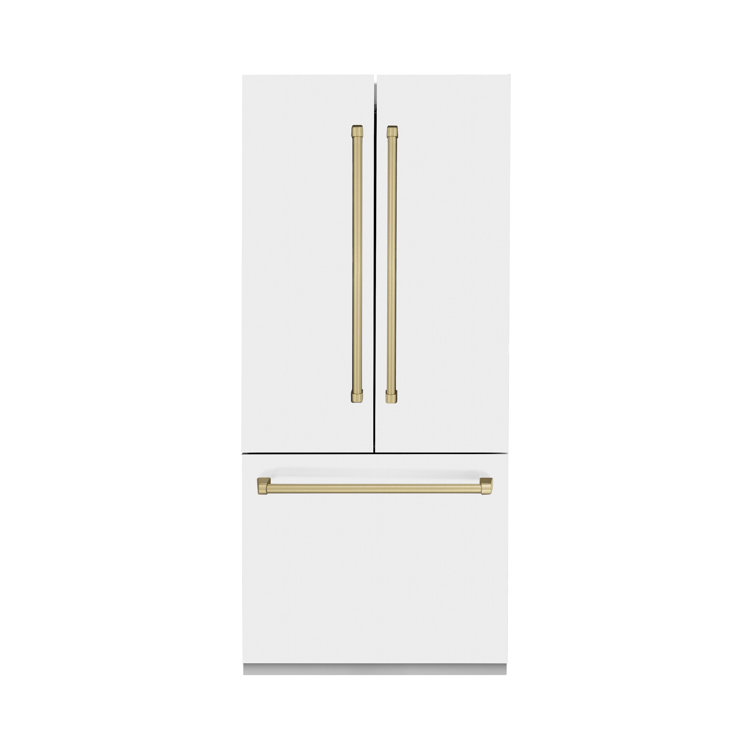 Refrigerador empotrado de puertas francesas con fabricador de hielo y dispensador de agua, de acero inoxidable con puerta mate blanca y mango de acento de bronce champana, certificado ENERGY STAR, ZLINE KITCHEN & BATH Counter-Depth 19.6 pies cúbicos de capacidad.