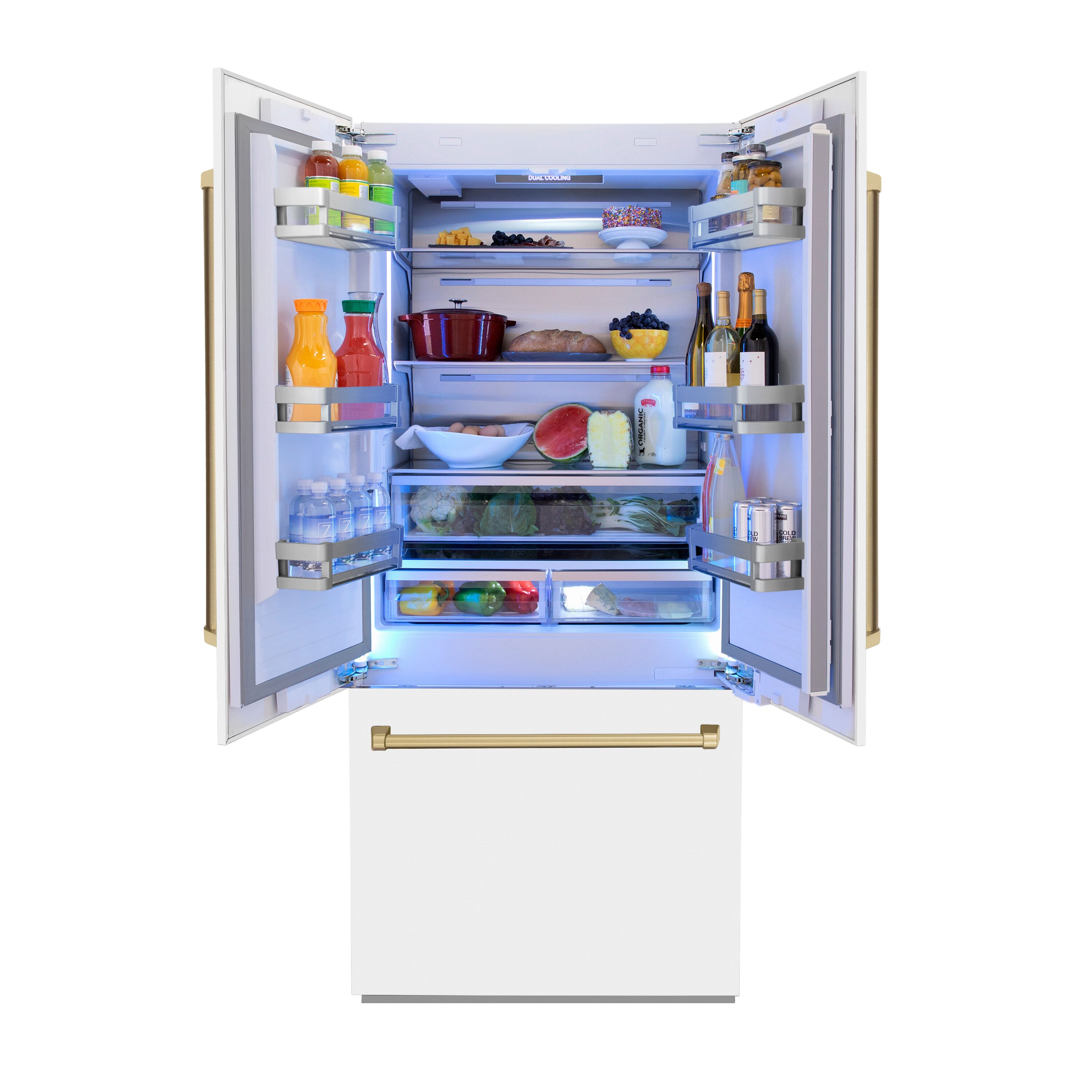 Refrigerador empotrado de puertas francesas con fabricador de hielo y dispensador de agua, de acero inoxidable con puerta mate blanca y mango de acento de bronce champana, certificado ENERGY STAR, ZLINE KITCHEN & BATH Counter-Depth 19.6 pies cúbicos de capacidad.