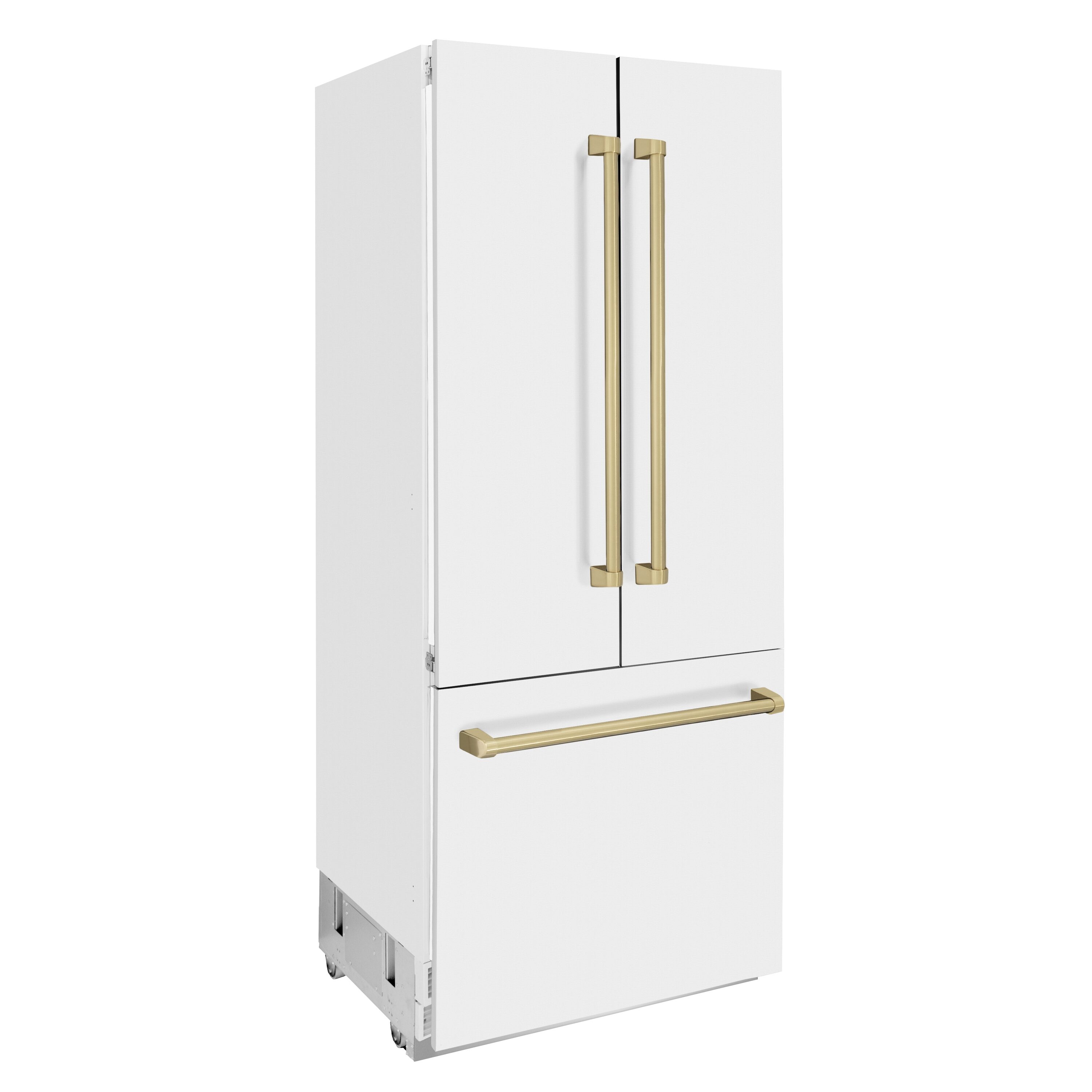 Refrigerador empotrado de puertas francesas con fabricador de hielo y dispensador de agua, de acero inoxidable con puerta mate blanca y mango de acento de bronce champana, certificado ENERGY STAR, ZLINE KITCHEN & BATH Counter-Depth 19.6 pies cúbicos de capacidad.