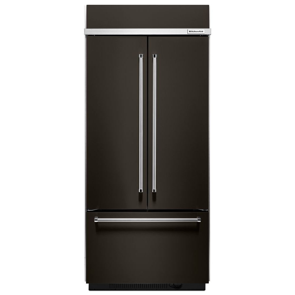 Refrigerador empotrado de puertas francesas de 3 puertas con fabricador de hielo de acero inoxidable negro con acabado PRINTSHIELD de KitchenAid de 20.8 pies cúbicos de profundidad estándar