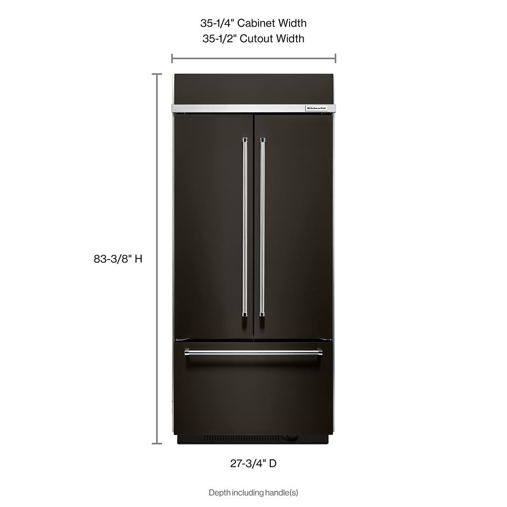 Refrigerador empotrado de puertas francesas de 3 puertas con fabricador de hielo de acero inoxidable negro con acabado PRINTSHIELD de KitchenAid de 20.8 pies cúbicos de profundidad estándar