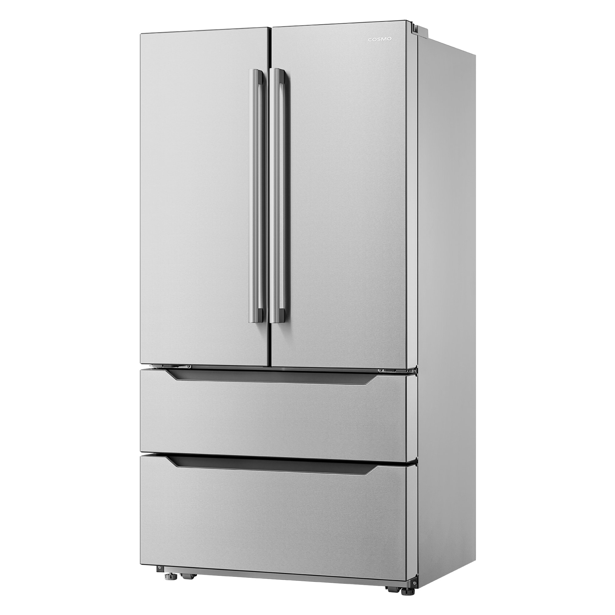 Refrigerador francés de 4 puertas con dispensador de hielo y fabricador de hielo de Acero Inoxidable a Contrapuerta Cosmo, Certificado por ENERGY STAR con Capacidad de 22.5 pies cúbicos
