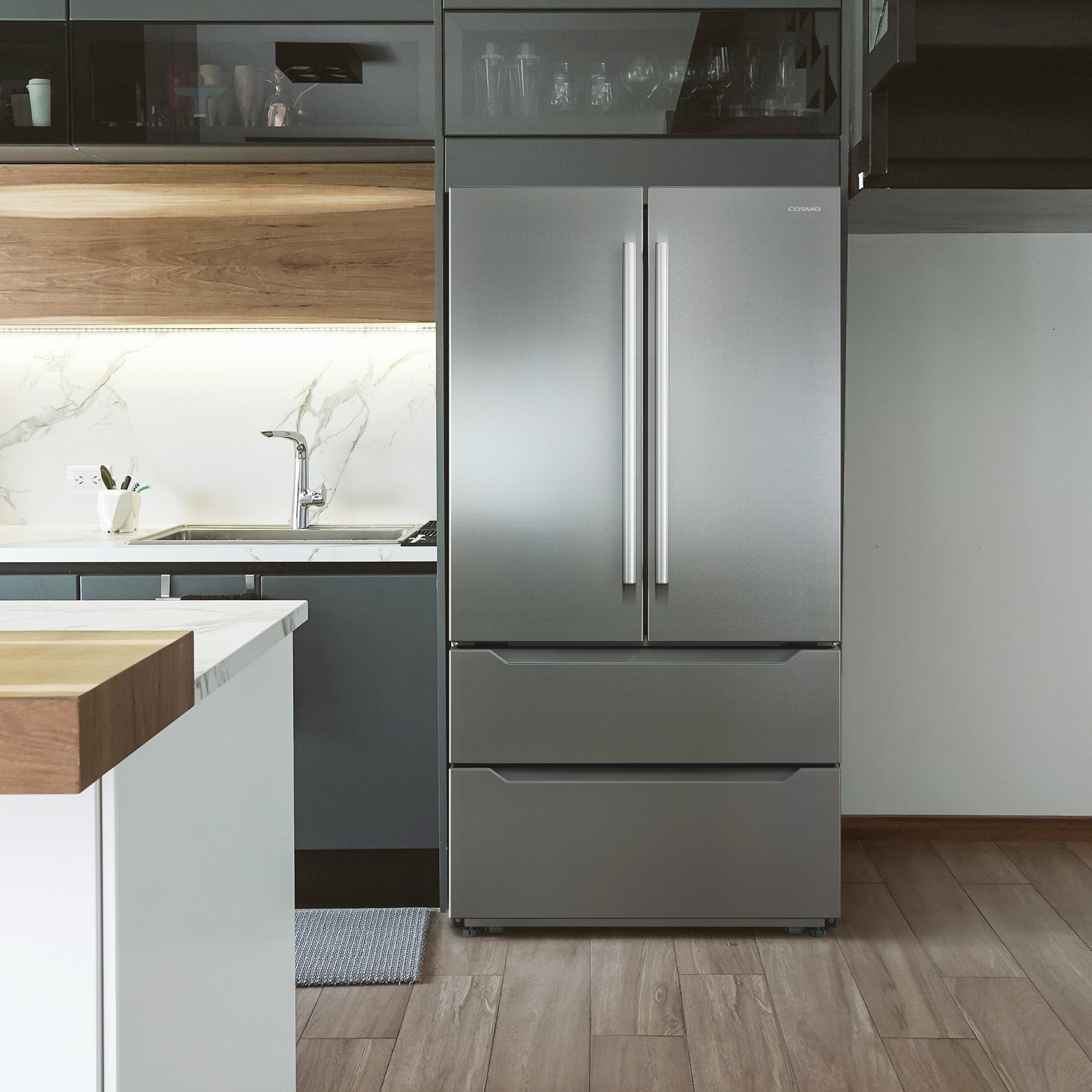 Refrigerador francés de 4 puertas con dispensador de hielo y fabricador de hielo de Acero Inoxidable a Contrapuerta Cosmo, Certificado por ENERGY STAR con Capacidad de 22.5 pies cúbicos