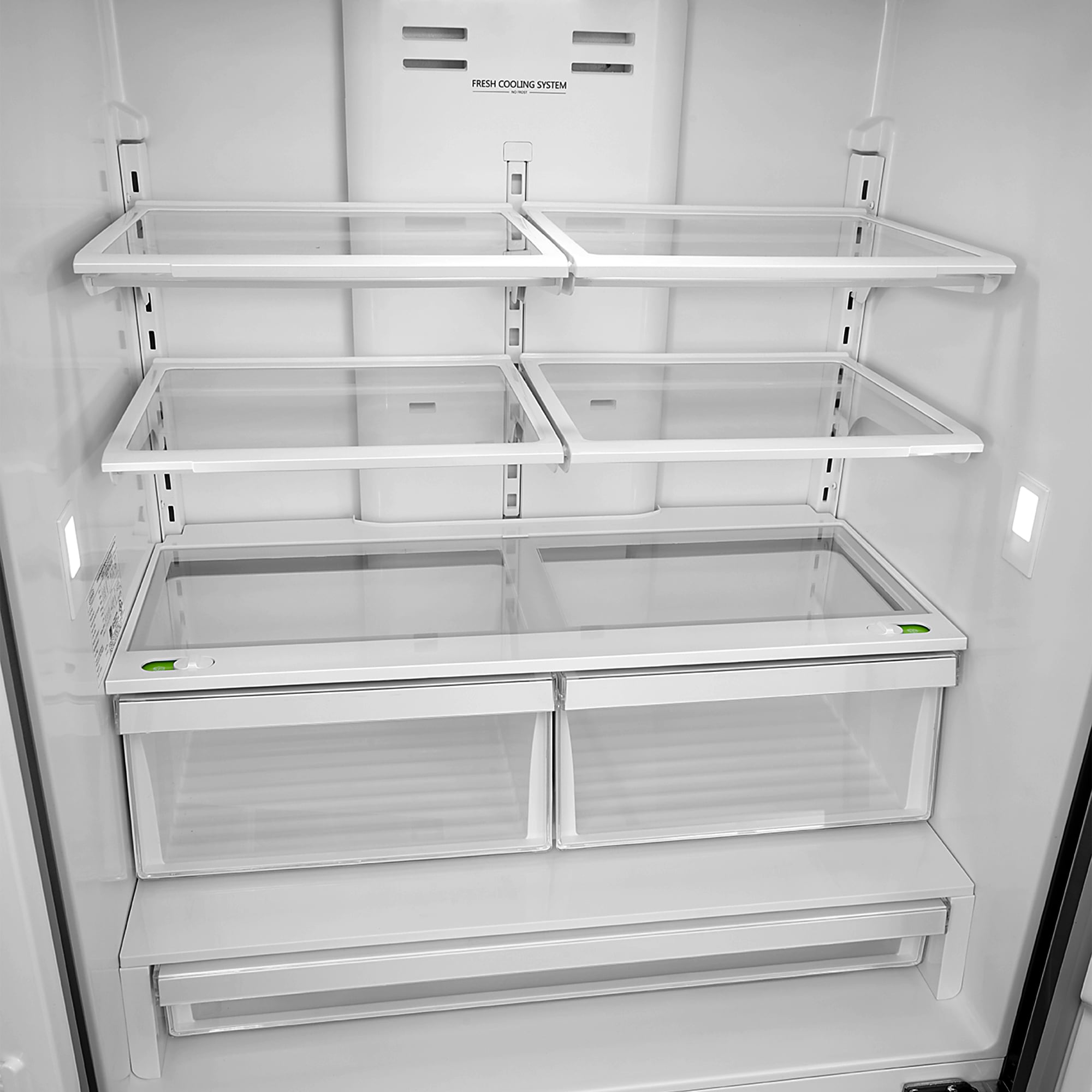 Refrigerador francés de 4 puertas con dispensador de hielo y fabricador de hielo de Acero Inoxidable a Contrapuerta Cosmo, Certificado por ENERGY STAR con Capacidad de 22.5 pies cúbicos