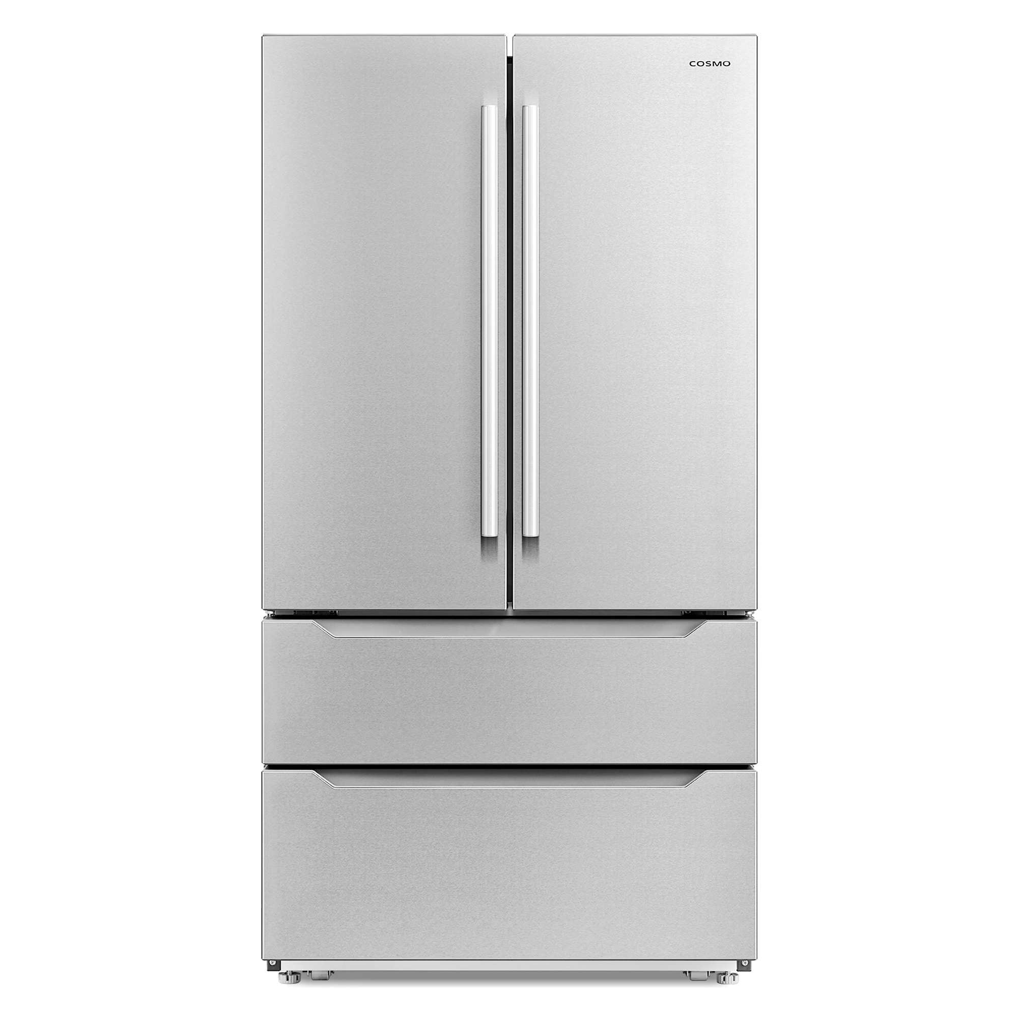 Refrigerador francés de 4 puertas con dispensador de hielo y fabricador de hielo de Acero Inoxidable a Contrapuerta Cosmo, Certificado por ENERGY STAR con Capacidad de 22.5 pies cúbicos