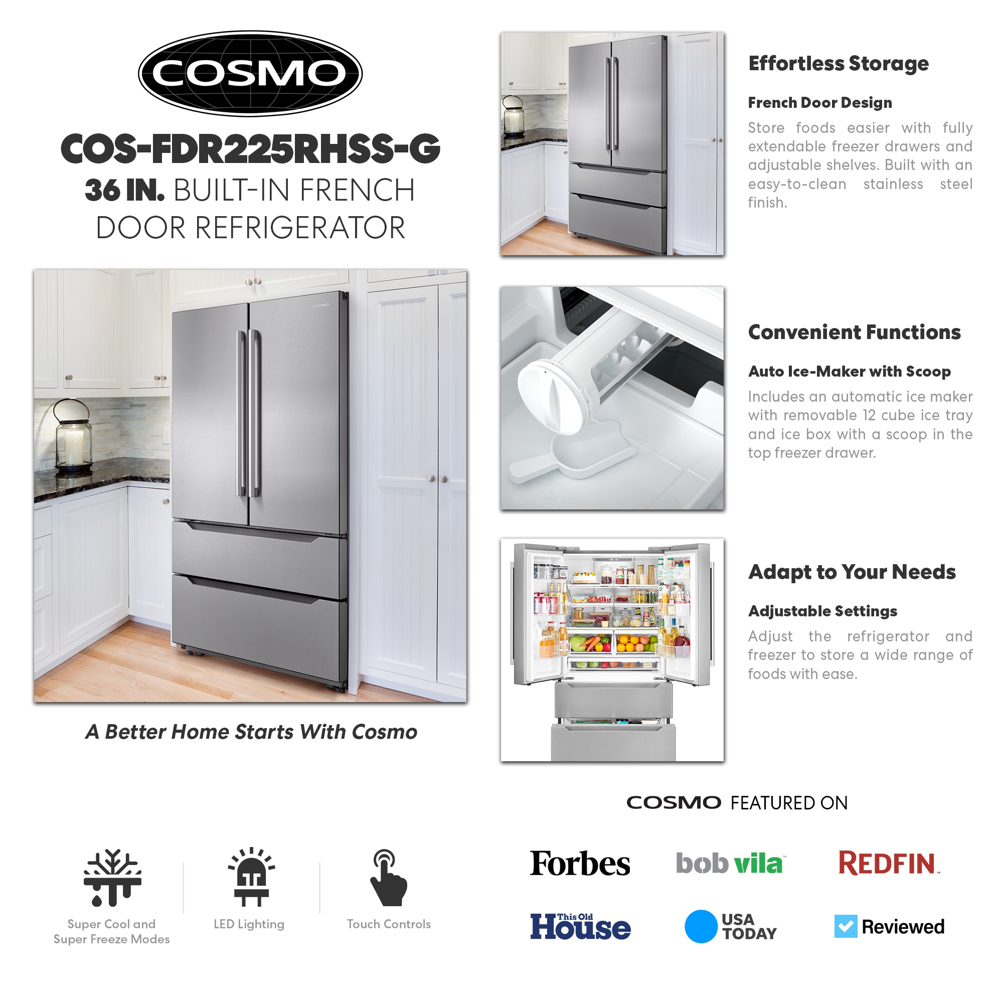 Refrigerador francés de 4 puertas con dispensador de hielo y fabricador de hielo de Acero Inoxidable a Contrapuerta Cosmo, Certificado por ENERGY STAR con Capacidad de 22.5 pies cúbicos