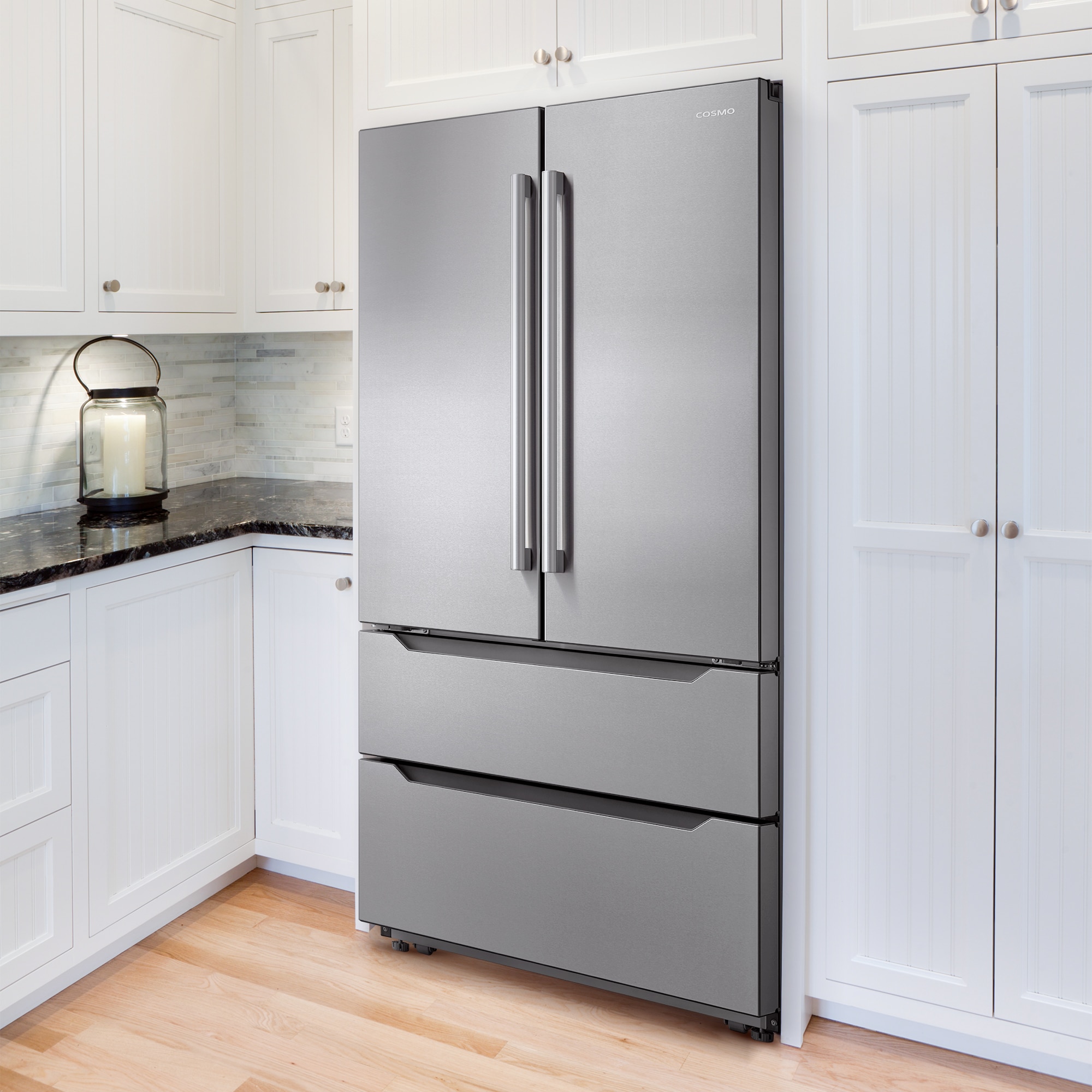 Refrigerador francés de 4 puertas con dispensador de hielo y fabricador de hielo de Acero Inoxidable a Contrapuerta Cosmo, Certificado por ENERGY STAR con Capacidad de 22.5 pies cúbicos