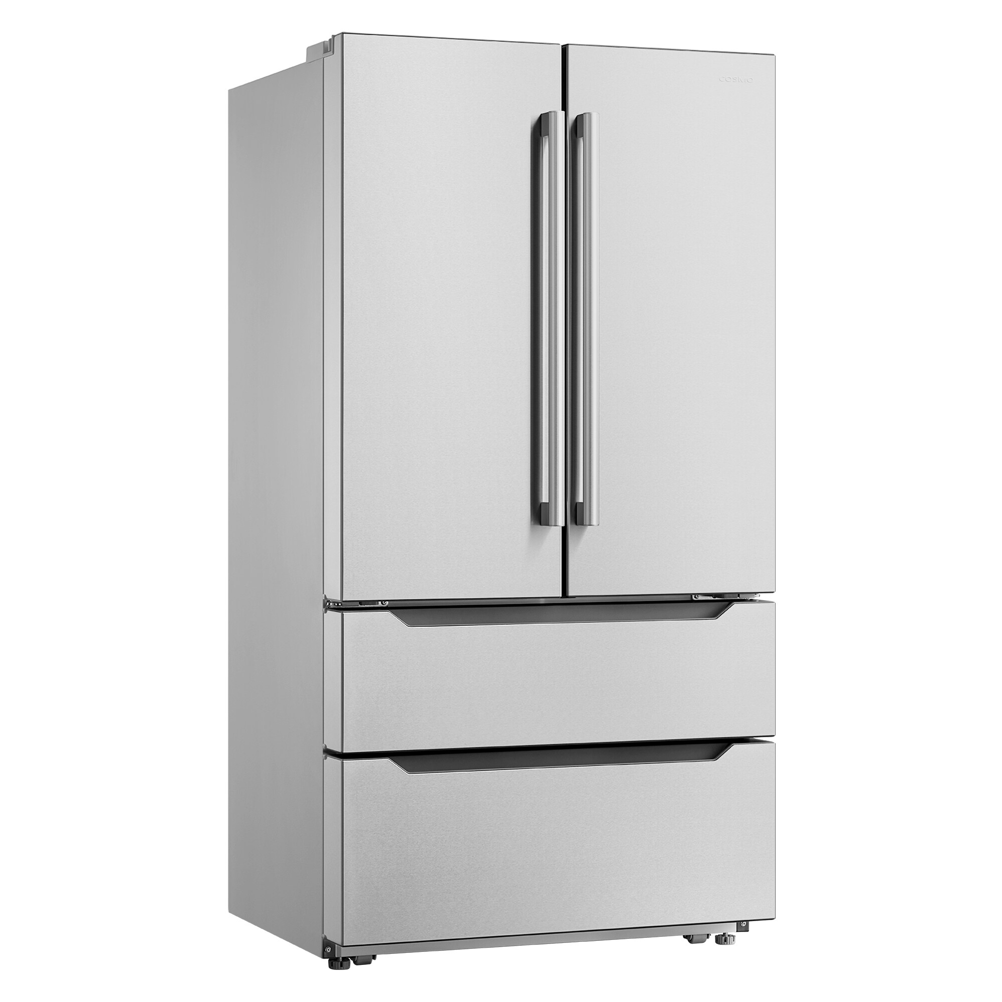 Refrigerador francés de 4 puertas con dispensador de hielo y fabricador de hielo de Acero Inoxidable a Contrapuerta Cosmo, Certificado por ENERGY STAR con Capacidad de 22.5 pies cúbicos