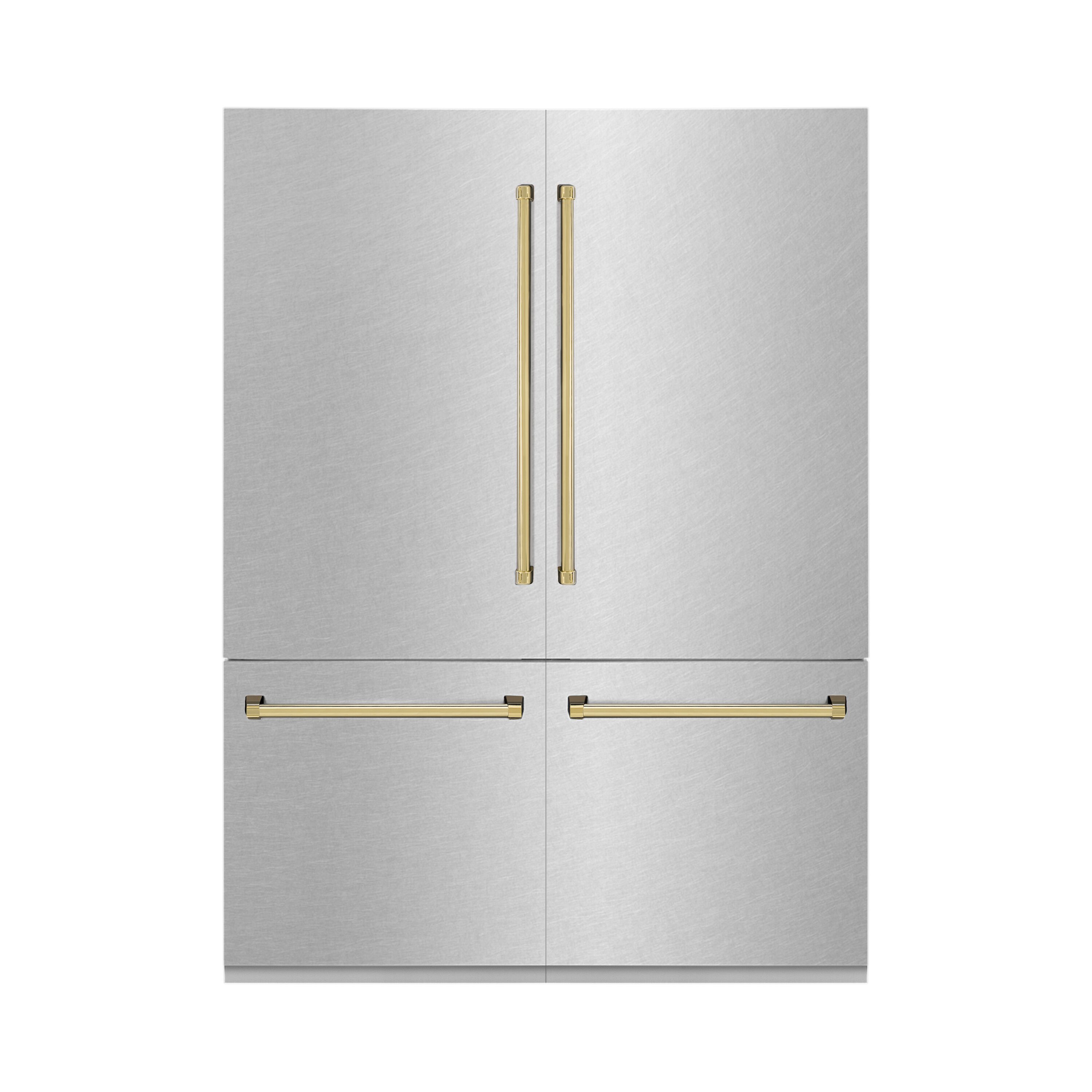 Refrigerador empotrado de puertas francesas con dispensador de hielo y agua, con manijas de oro pulido - Acero inoxidable resistente a huellas digitales de ZLINE KITCHEN & BATH, certificado por ENERGY STAR de 32.2 pies cúbicos de profundidad de mostrador de 4 puertas.