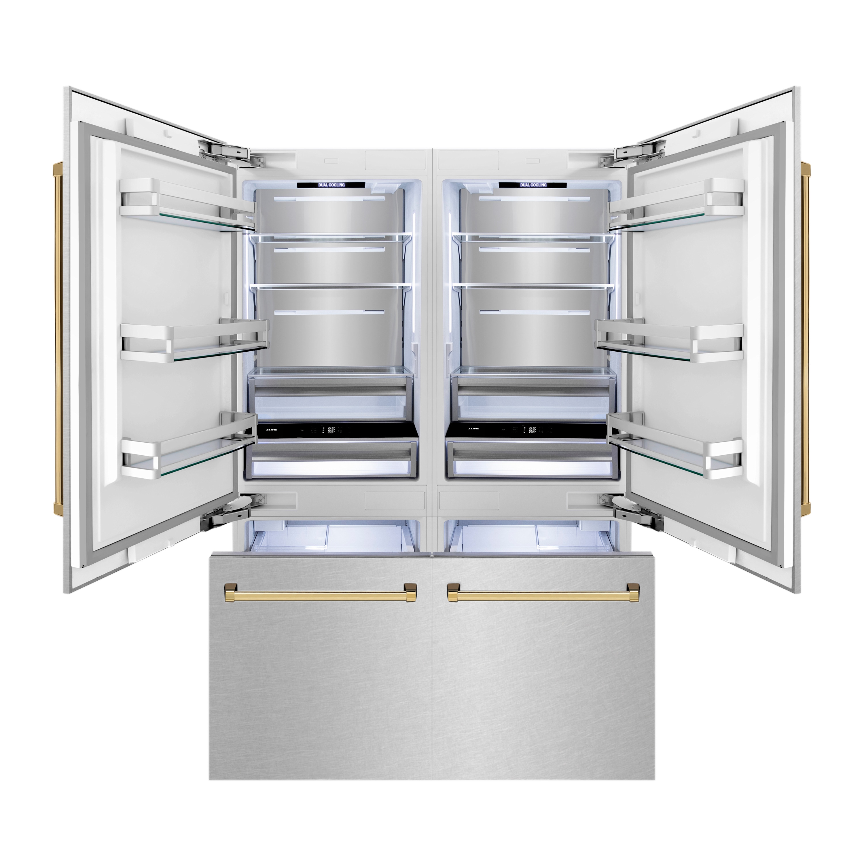Refrigerador empotrado de puertas francesas con dispensador de hielo y agua, con manijas de oro pulido - Acero inoxidable resistente a huellas digitales de ZLINE KITCHEN & BATH, certificado por ENERGY STAR de 32.2 pies cúbicos de profundidad de mostrador de 4 puertas.