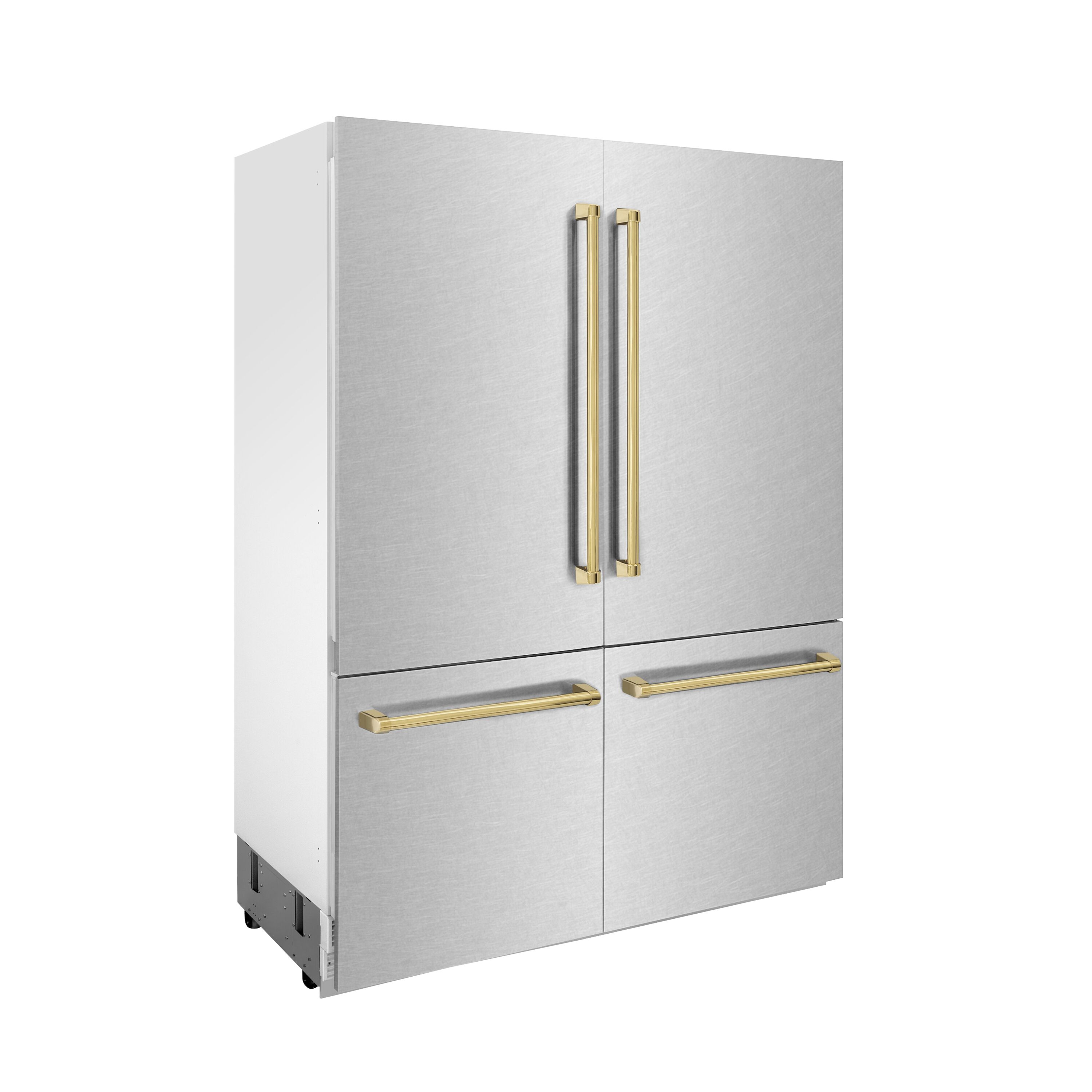 Refrigerador empotrado de puertas francesas con dispensador de hielo y agua, con manijas de oro pulido - Acero inoxidable resistente a huellas digitales de ZLINE KITCHEN & BATH, certificado por ENERGY STAR de 32.2 pies cúbicos de profundidad de mostrador de 4 puertas.