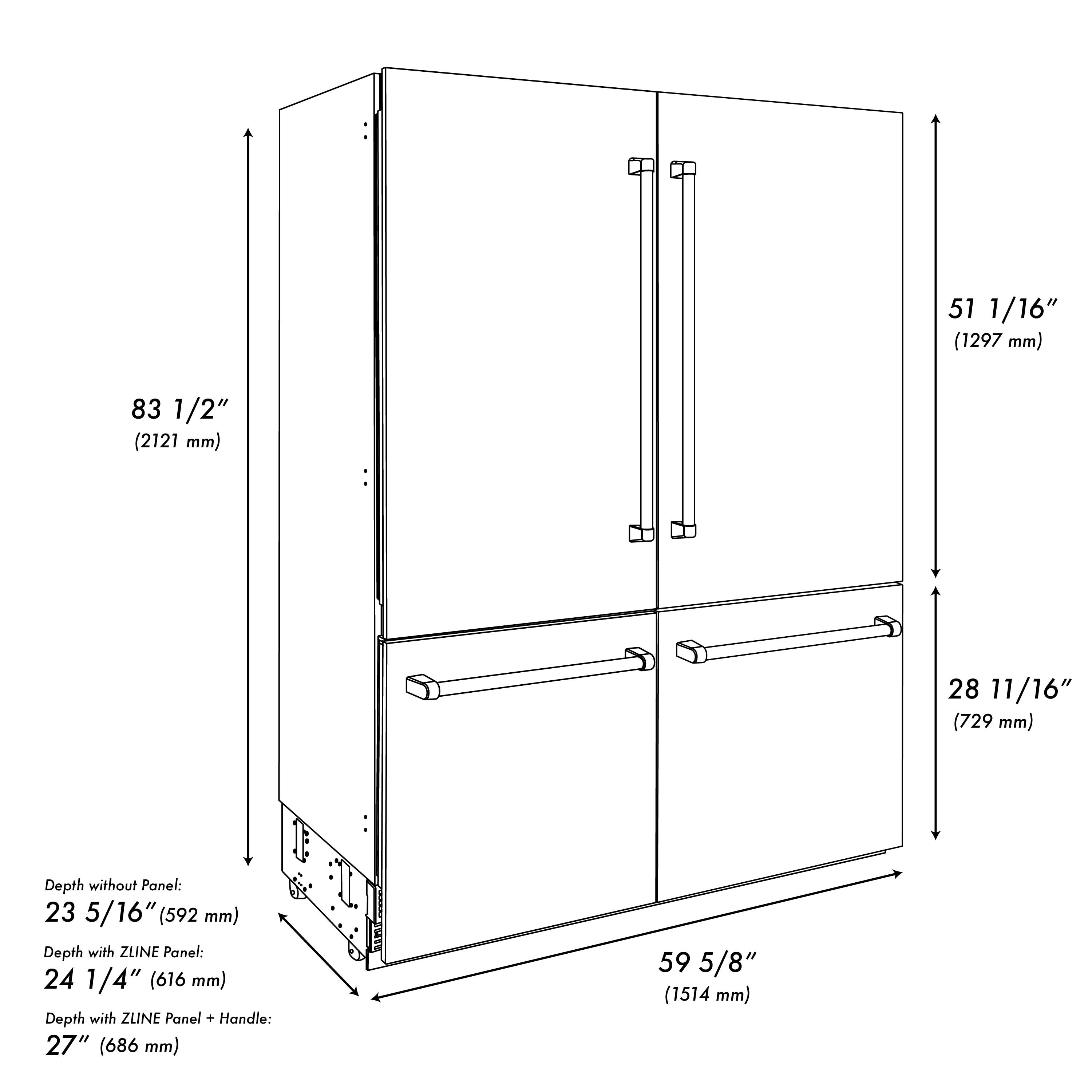 Refrigerador empotrado de puertas francesas con dispensador de hielo y agua, con manijas de oro pulido - Acero inoxidable resistente a huellas digitales de ZLINE KITCHEN & BATH, certificado por ENERGY STAR de 32.2 pies cúbicos de profundidad de mostrador de 4 puertas.