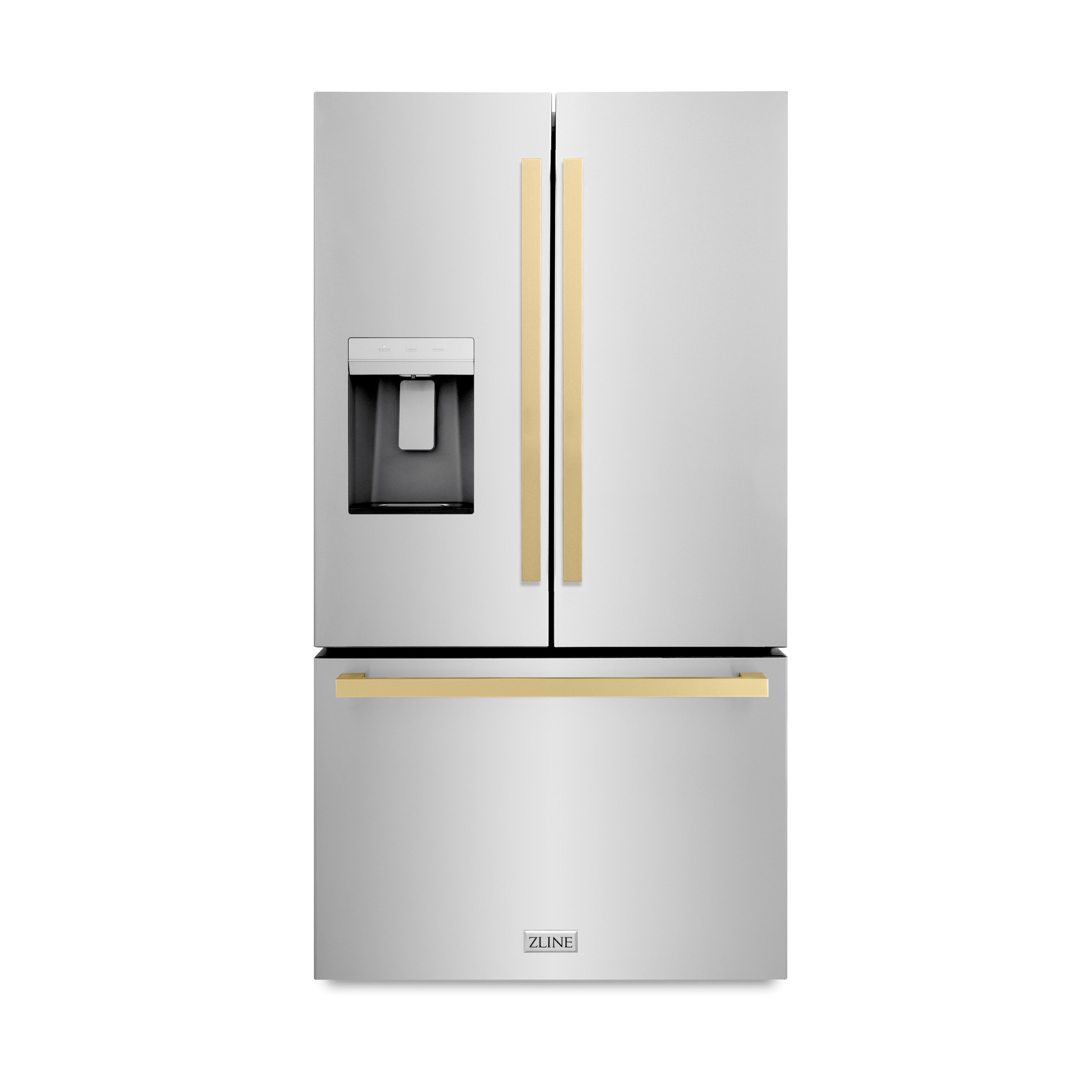 Refrigerador de puertas francesas estándar 28.9 pies cúbicos con fabricador de hielo, dispensador de agua y hielo (Acero Inoxidable con Mango de Bronce Champagne Plano) Certificado ENERGY STAR.