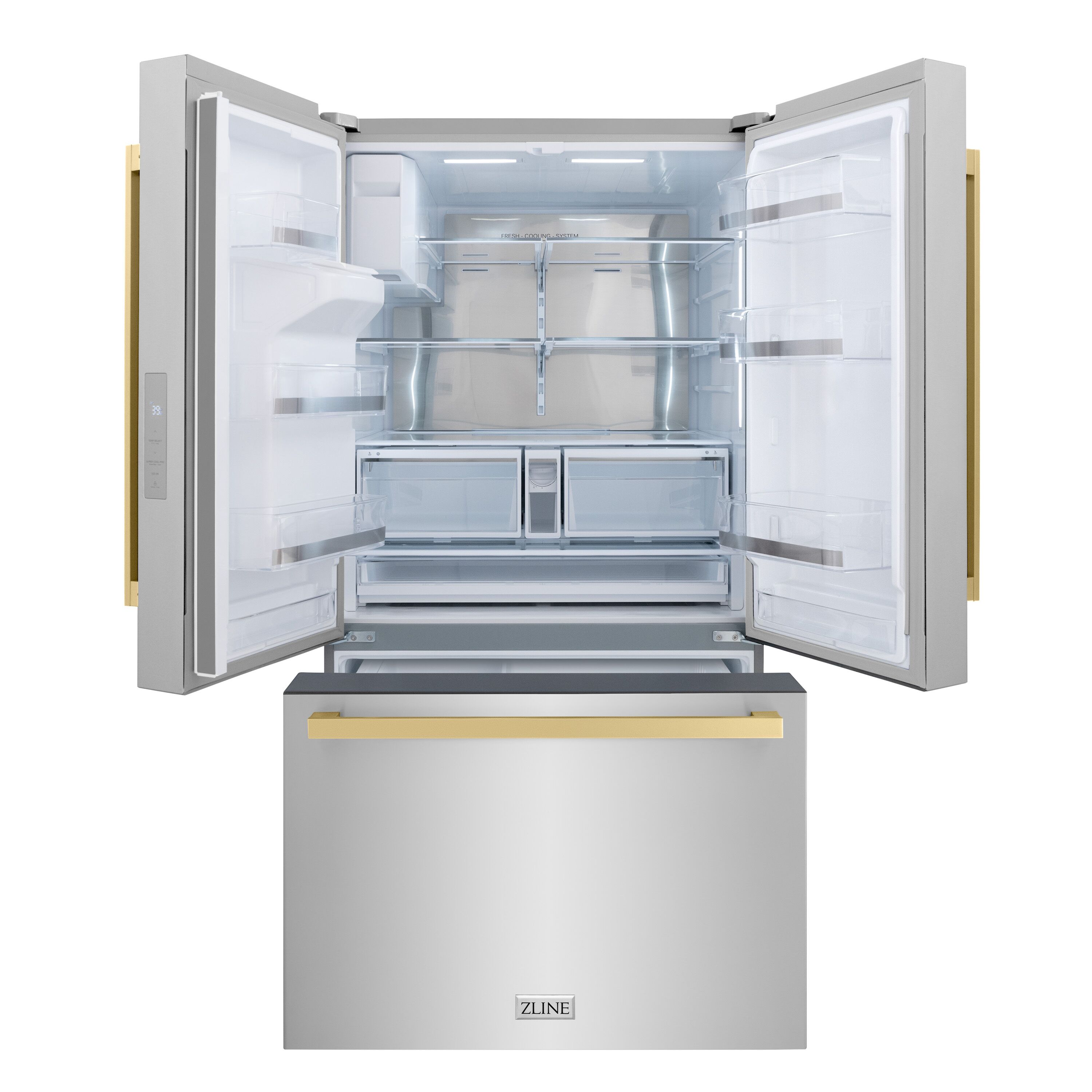 Refrigerador de puertas francesas estándar 28.9 pies cúbicos con fabricador de hielo, dispensador de agua y hielo (Acero Inoxidable con Mango de Bronce Champagne Plano) Certificado ENERGY STAR.
