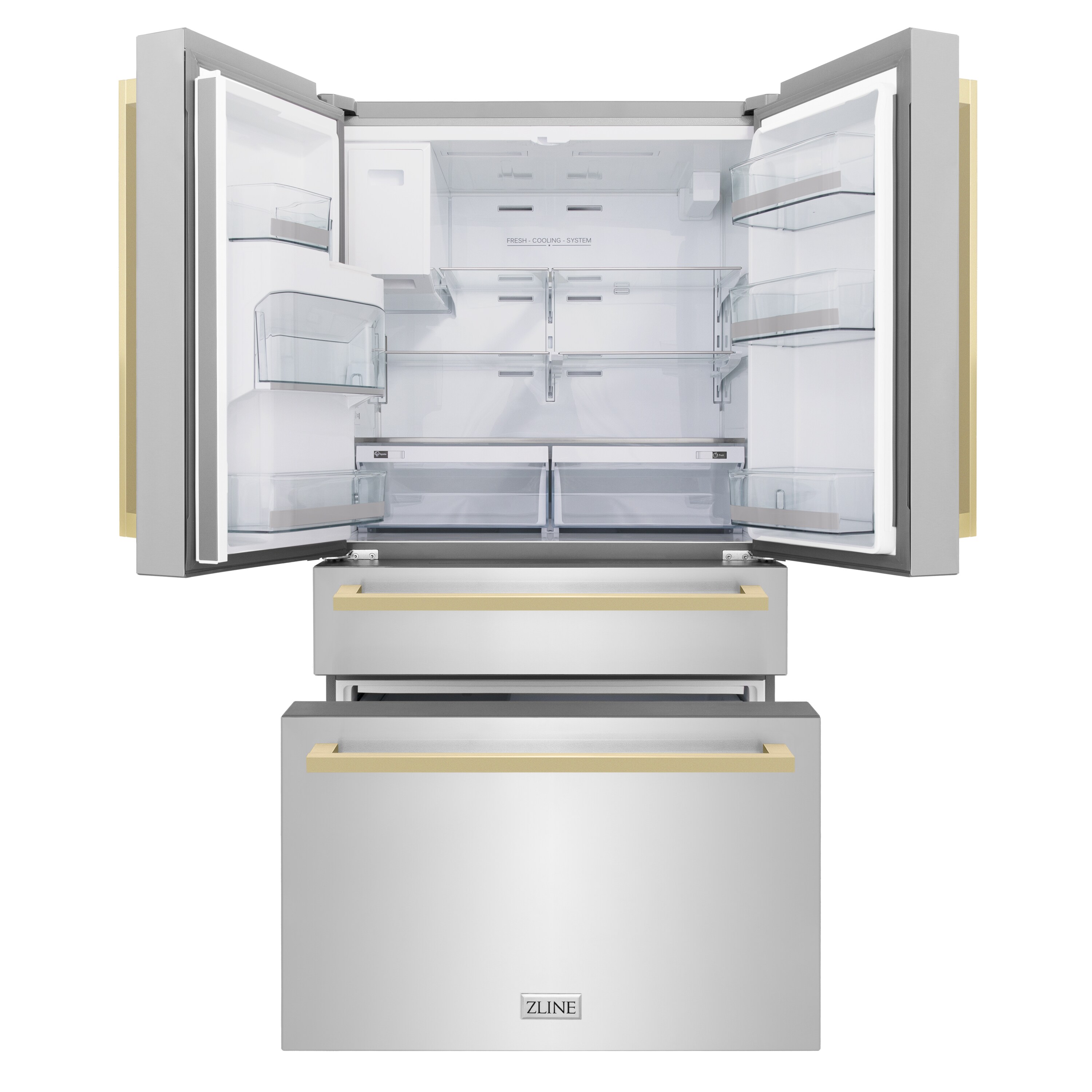 Refrigerador de Puerta Francesa de 4 Puertas Counter-Depth de 22.5 pies cúbicos con Fabricador de Hielo (Acero Inoxidable con Asas de Bronce Champagne) Certificado ENERGY STAR RFMZ-W-36-FCB