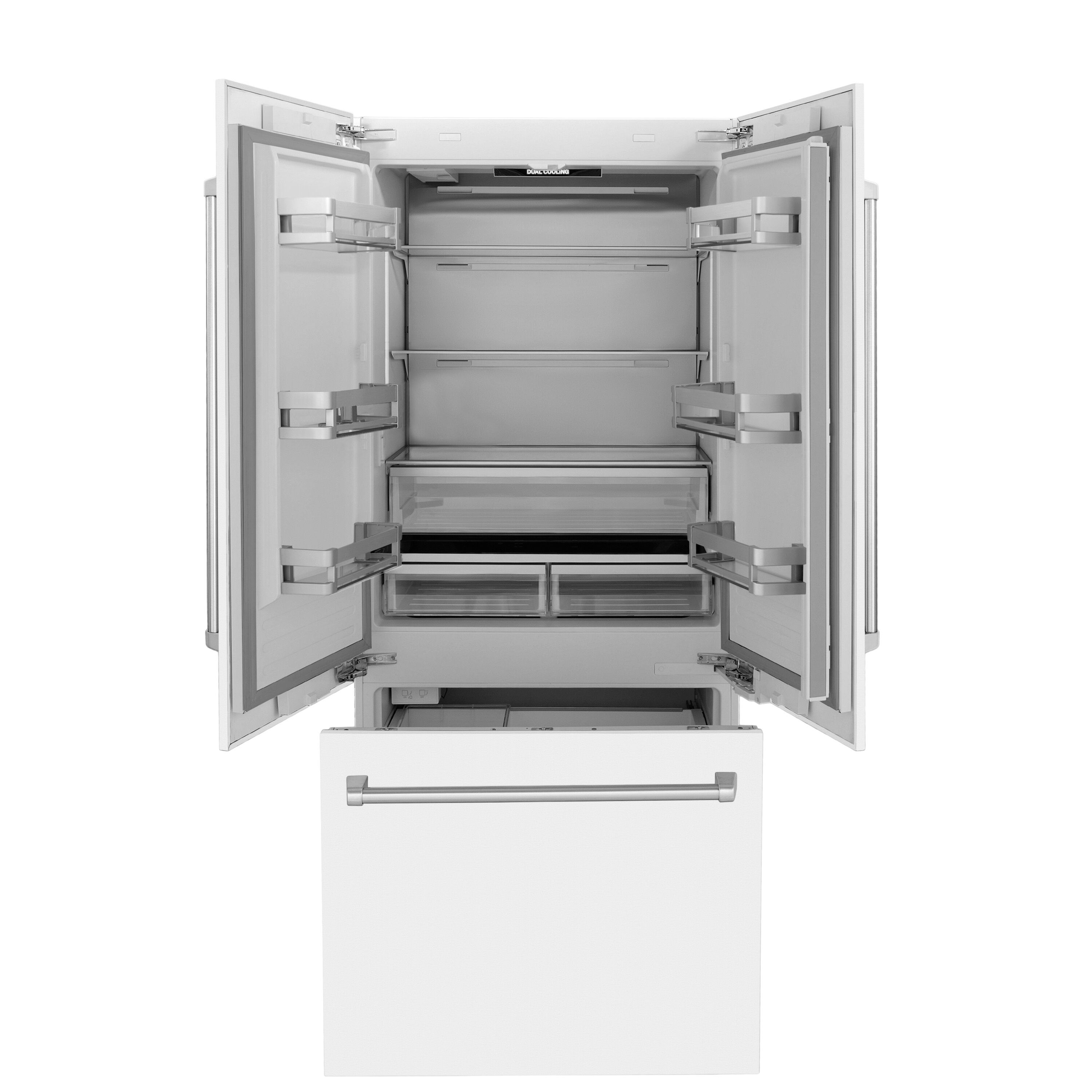 Refrigerador empotrado de puerta francesa ZLINE KITCHEN & BATH de 19.6 pies cúbicos de profundidad de mostrador con fabricador de hielo y dispensador de agua (acero inoxidable con panel blanco mate y asa de acero inoxidable) Certificado ENERGY STAR RBIV-WM-36