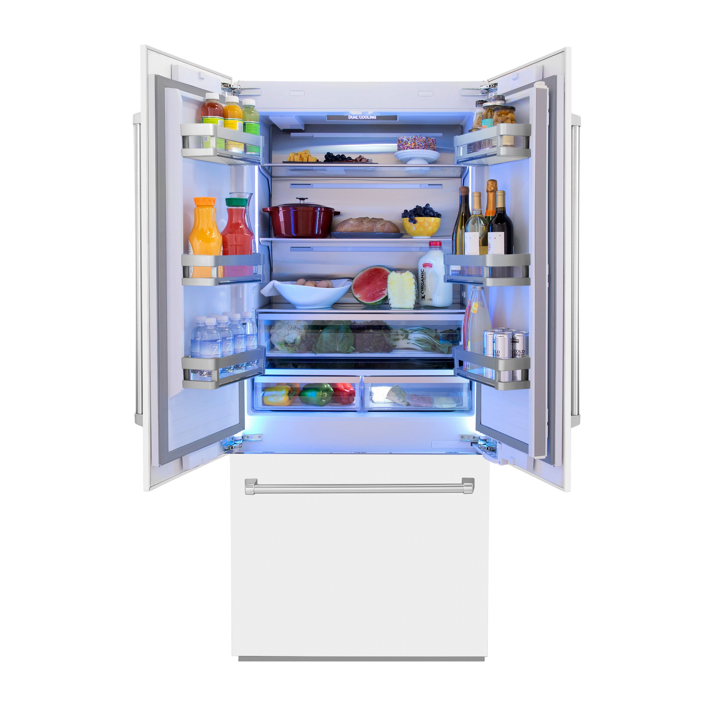 Refrigerador empotrado de puerta francesa ZLINE KITCHEN & BATH de 19.6 pies cúbicos de profundidad de mostrador con fabricador de hielo y dispensador de agua (acero inoxidable con panel blanco mate y asa de acero inoxidable) Certificado ENERGY STAR RBIV-WM-36