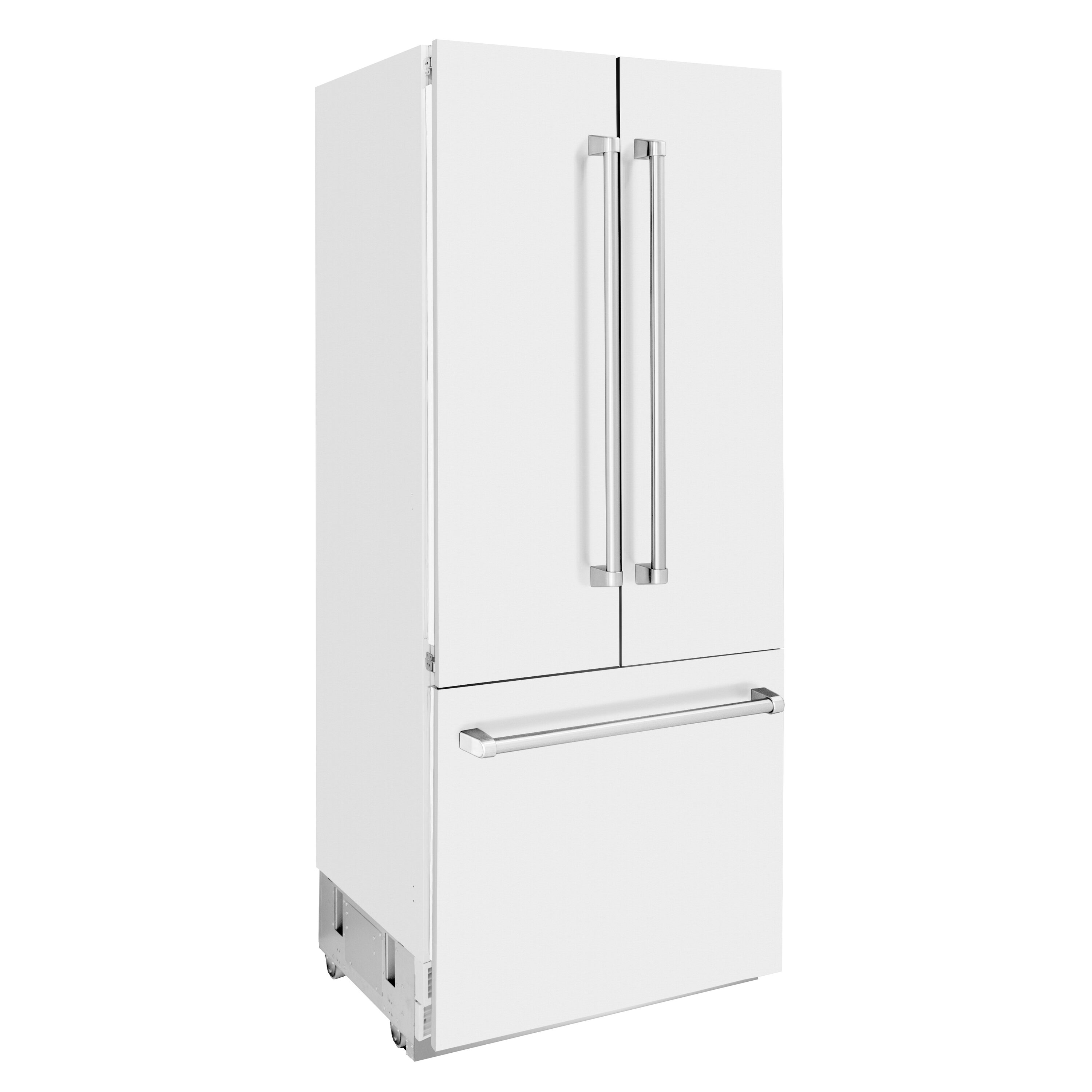 Refrigerador empotrado de puerta francesa ZLINE KITCHEN & BATH de 19.6 pies cúbicos de profundidad de mostrador con fabricador de hielo y dispensador de agua (acero inoxidable con panel blanco mate y asa de acero inoxidable) Certificado ENERGY STAR RBIV-WM-36