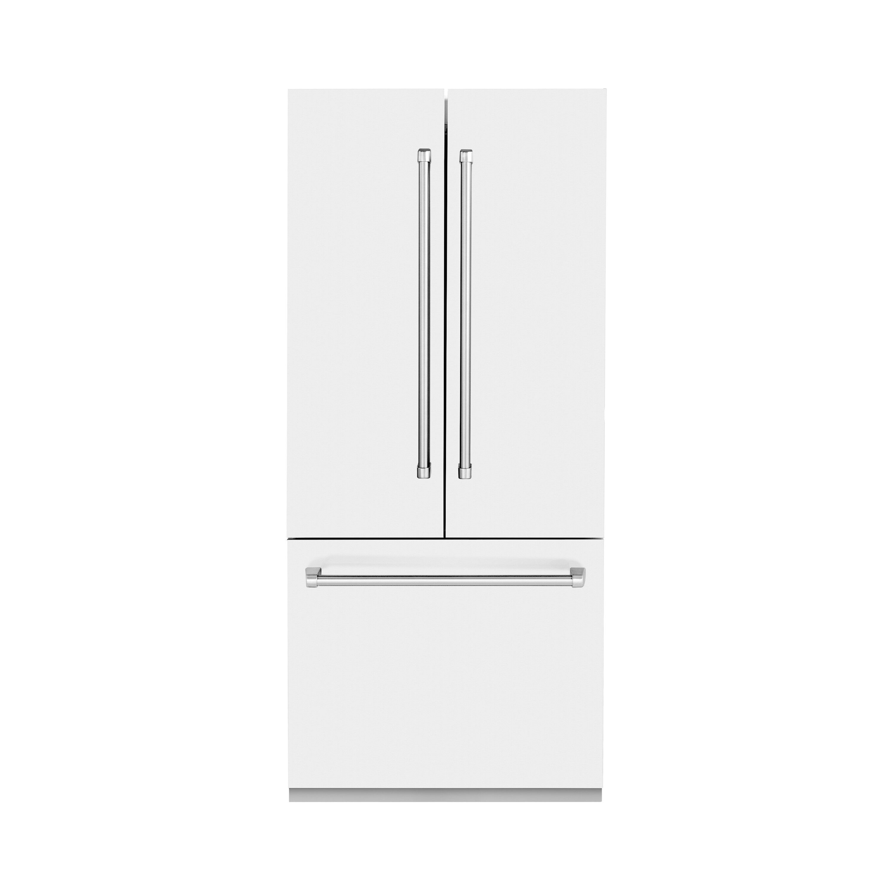 Refrigerador empotrado de puerta francesa ZLINE KITCHEN & BATH de 19.6 pies cúbicos de profundidad de mostrador con fabricador de hielo y dispensador de agua (acero inoxidable con panel blanco mate y asa de acero inoxidable) Certificado ENERGY STAR RBIV-WM-36