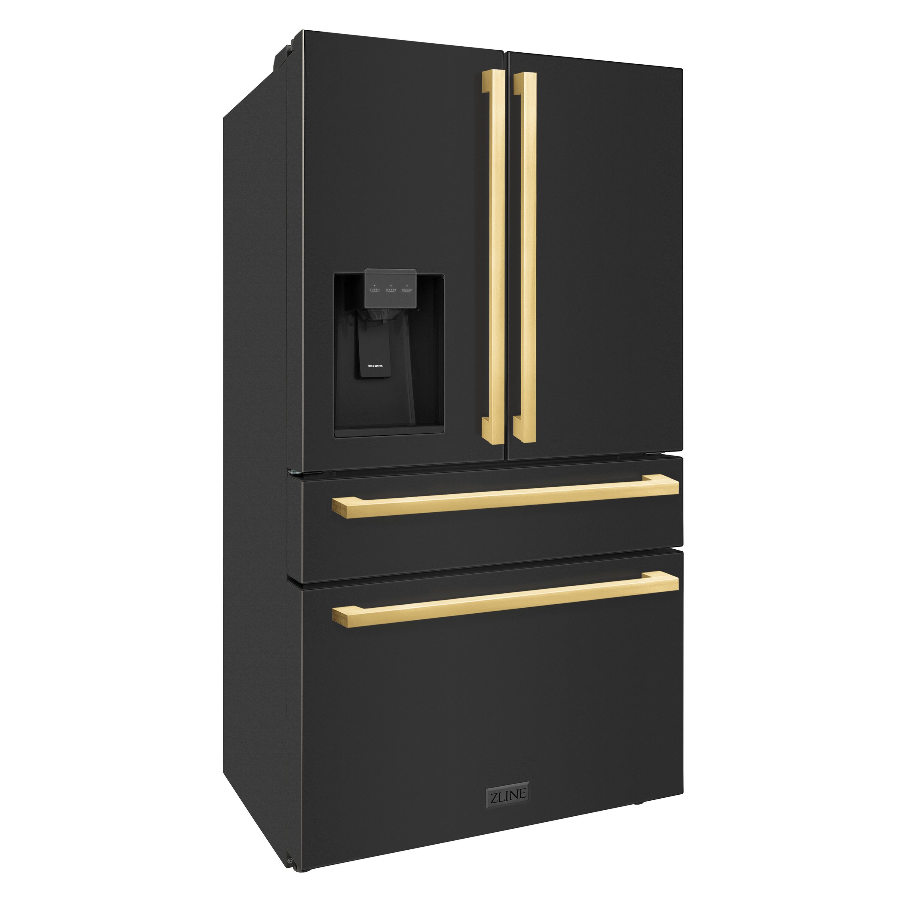 Refrigerador francés de 4 puertas con dispensador de hielo y agua, acero inoxidable negro con mango dorado pulido plano, certificado ENERGY STAR, profundidad de mostrador de 21.6 pies cúbicos RFMZ-W-36-BS-FG