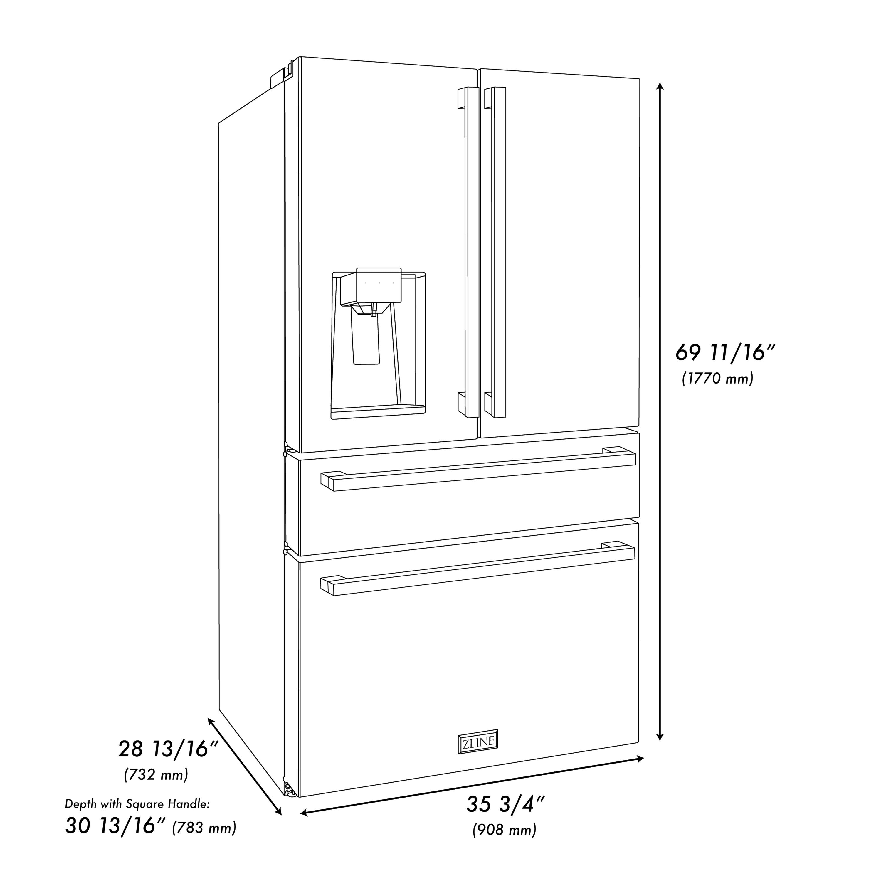 Refrigerador francés de 4 puertas con dispensador de hielo y agua, acero inoxidable negro con mango dorado pulido plano, certificado ENERGY STAR, profundidad de mostrador de 21.6 pies cúbicos RFMZ-W-36-BS-FG