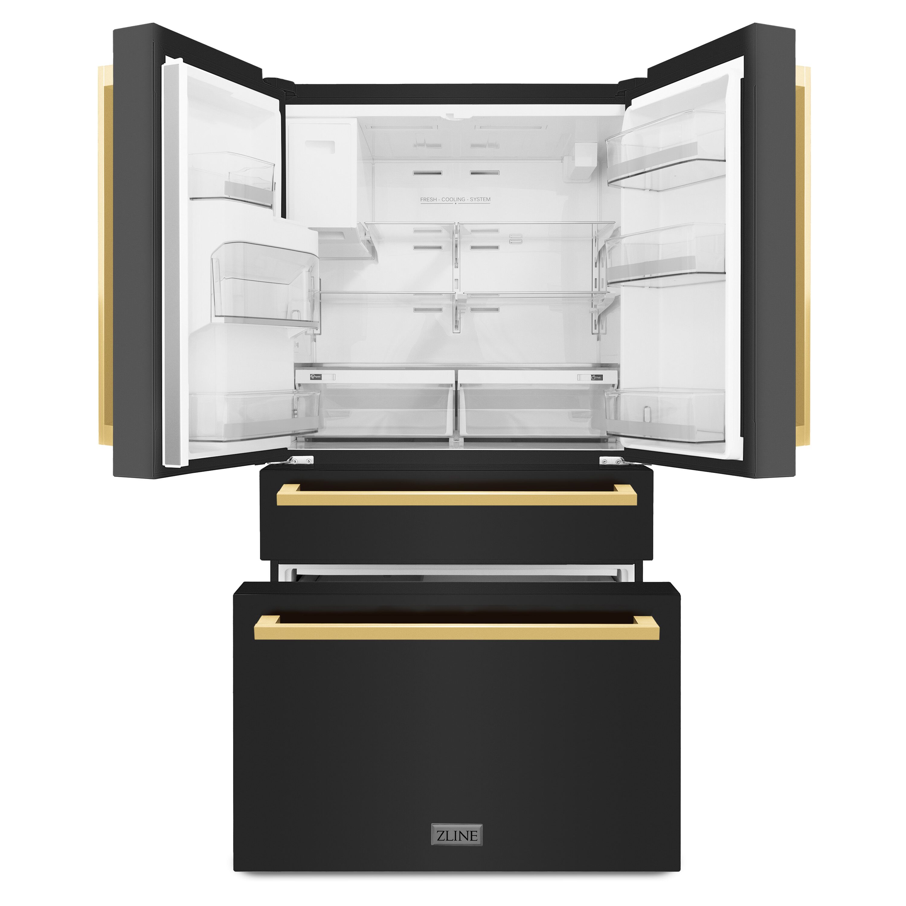 Refrigerador francés de 4 puertas con dispensador de hielo y agua, acero inoxidable negro con mango dorado pulido plano, certificado ENERGY STAR, profundidad de mostrador de 21.6 pies cúbicos RFMZ-W-36-BS-FG