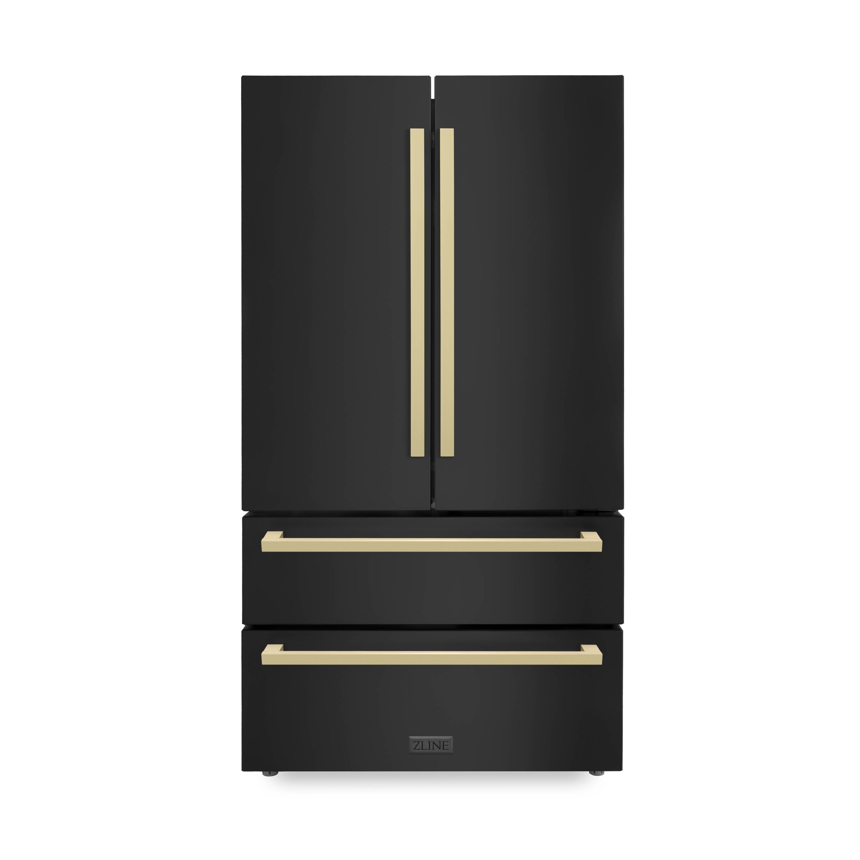 Refrigerador ZLINE KITCHEN & BATH de 22.5 pies cúbicos de profundidad, estilo francés de 4 puertas con despachador de hielo (Acero inoxidable negro con acentos en bronce Champagne) certificado ENERGY STAR RFMZ-36-BS-FCB