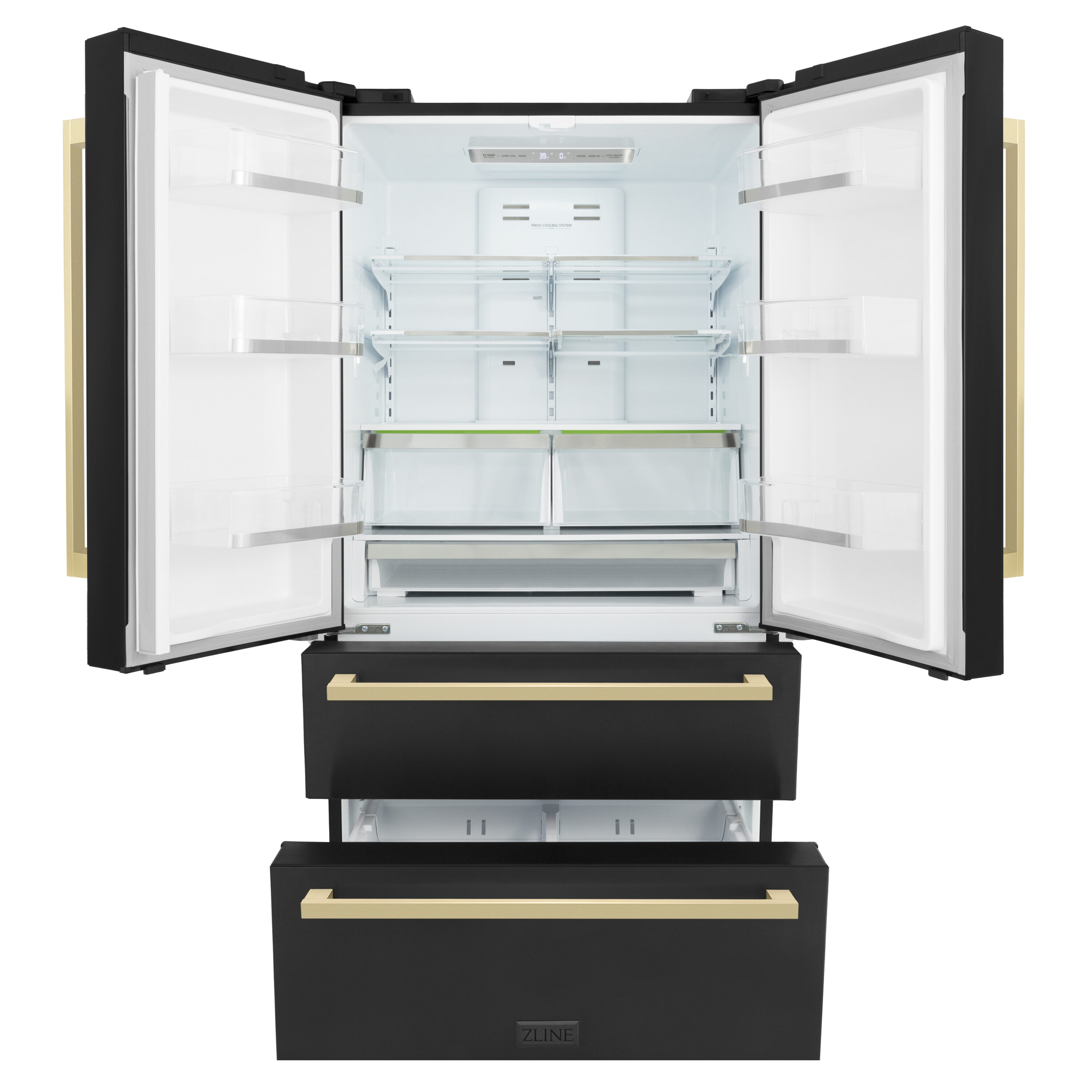 Refrigerador ZLINE KITCHEN & BATH de 22.5 pies cúbicos de profundidad, estilo francés de 4 puertas con despachador de hielo (Acero inoxidable negro con acentos en bronce Champagne) certificado ENERGY STAR RFMZ-36-BS-FCB