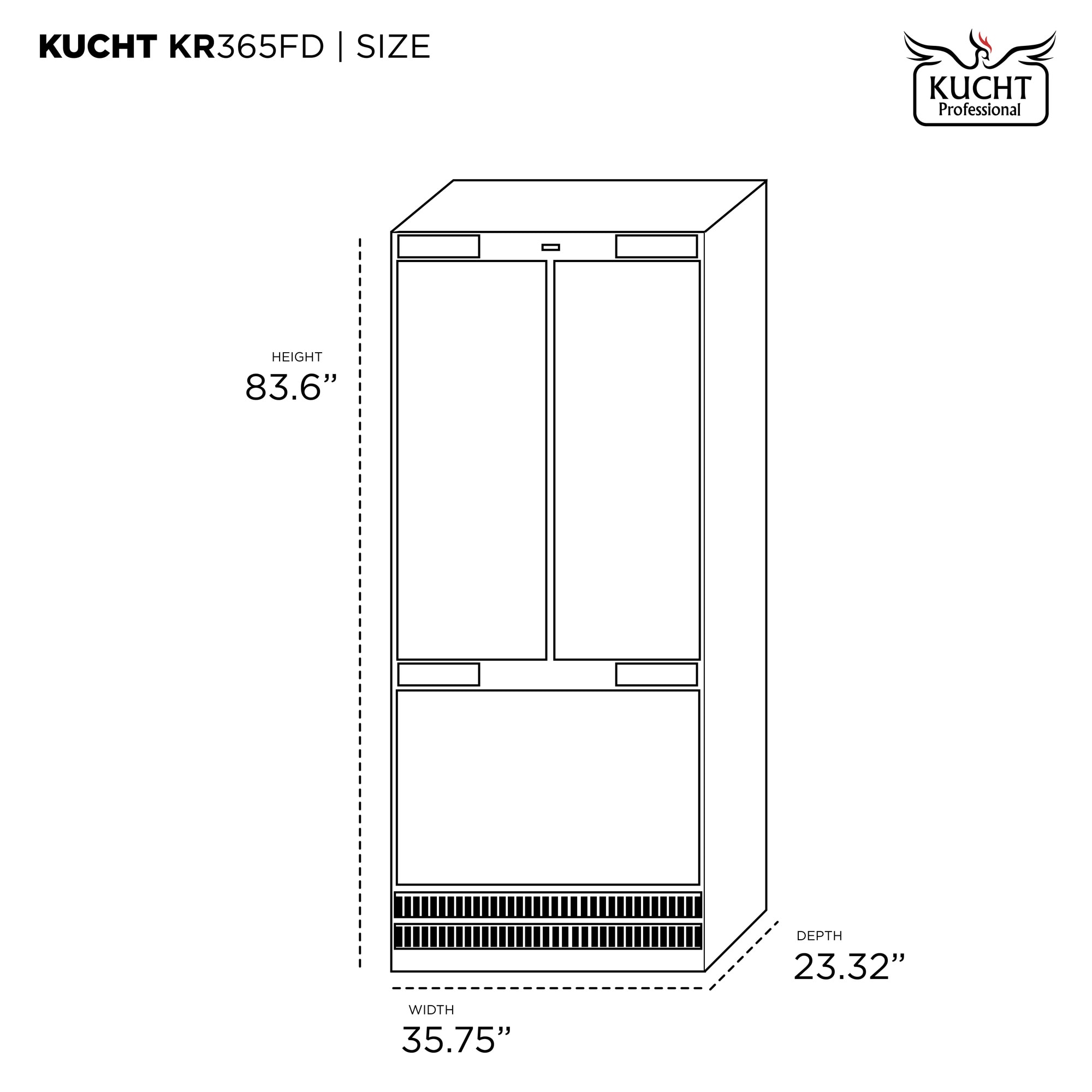 Refrigerador empotrado de 3 puertas estilo francés con máquina de hielo y dispensador de agua y hielo - Blanco, Certificado ENERGY STAR - 19.8 pies cúbicos de profundidad de contador Kucht KR365FD