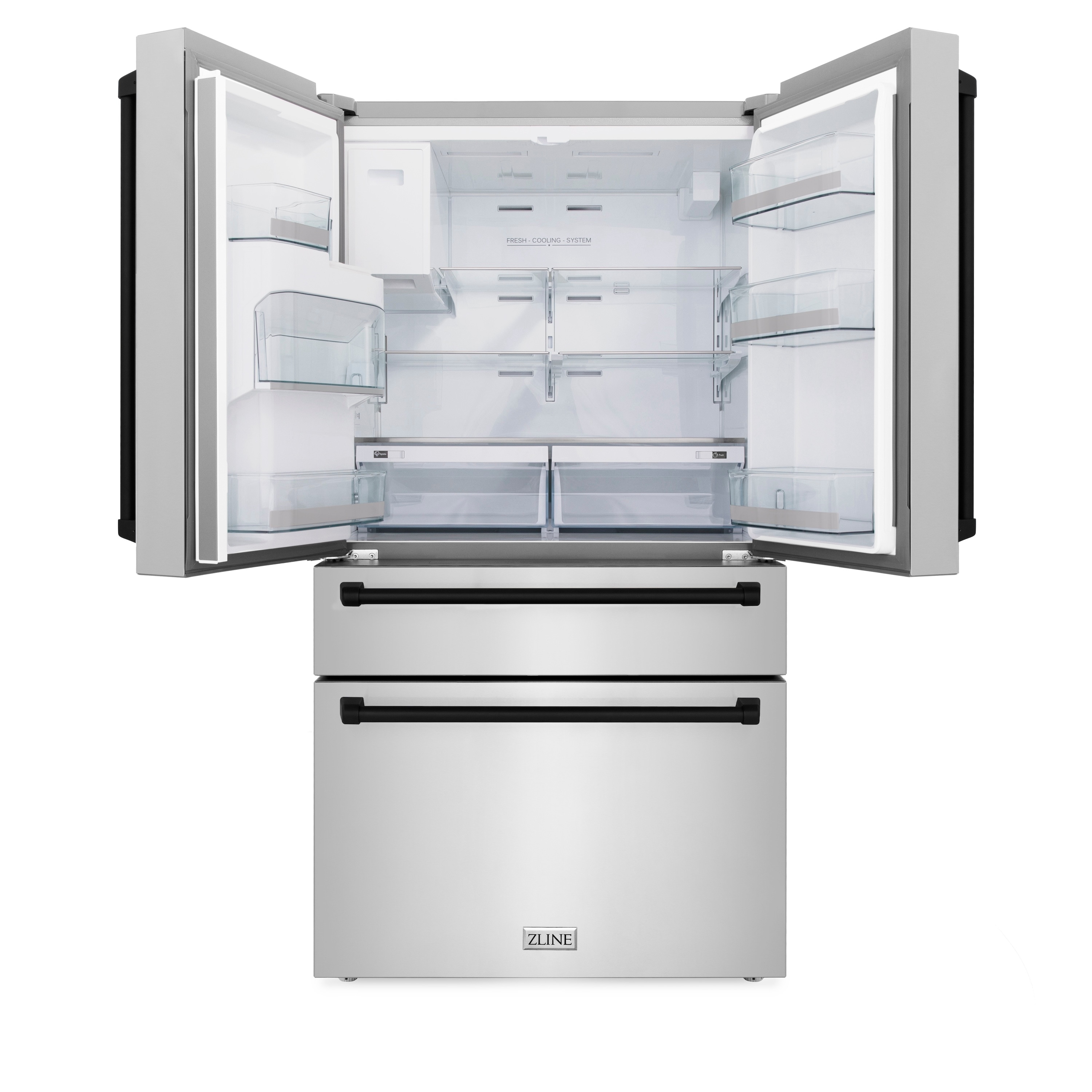Refrigerador estilo francés de 4 puertas con dispensador de hielo y agua (Acero inoxidable resistente a las huellas dactilares con asas negras mate) Certificación ENERGY STAR con profundidad en mostrador de 21.6 pies cúbicos RFMZ-W-36-MB