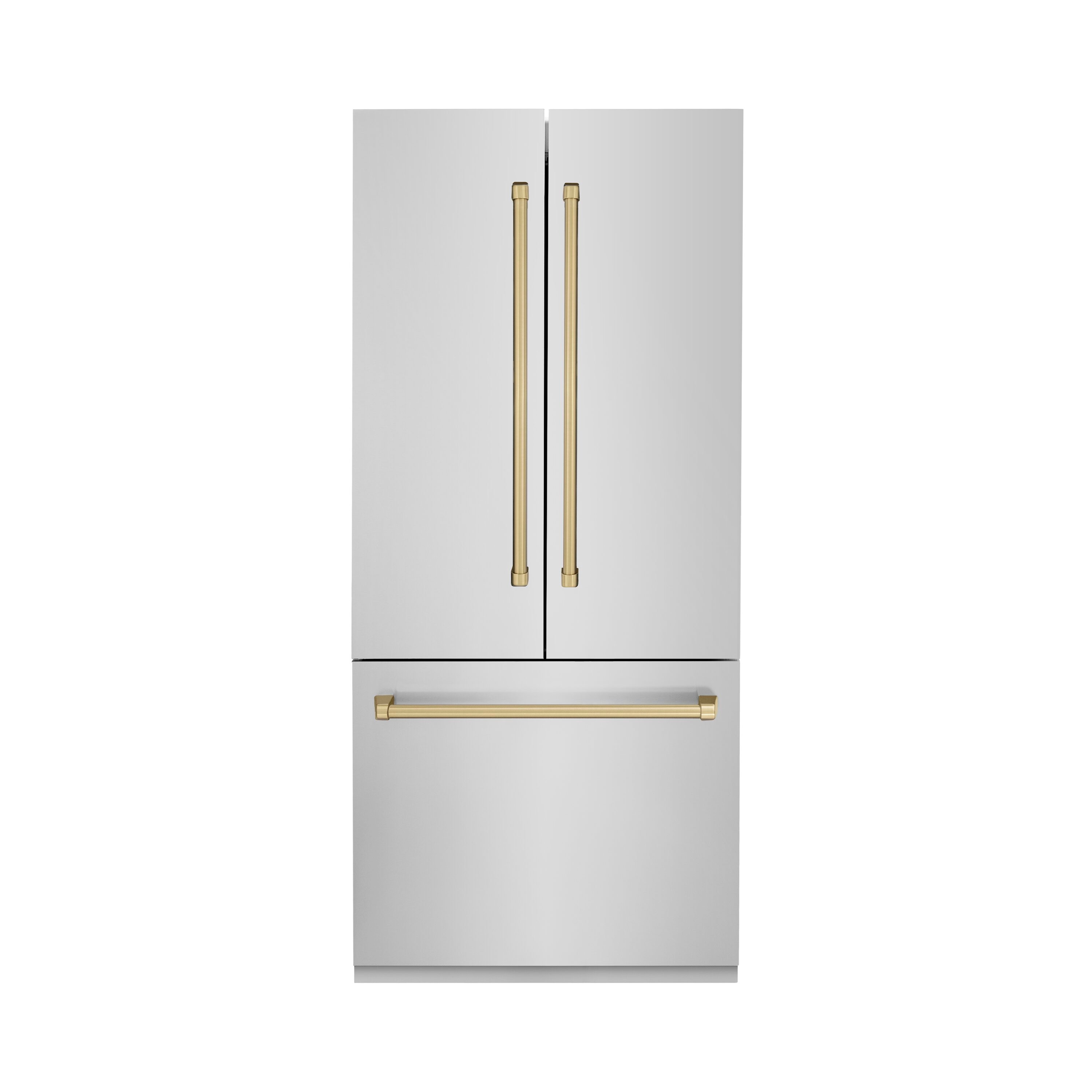 Refrigerador Empotrado de Puerta Francesa de 3 Puertas de Edición Autógrafa de ZLINE KITCHEN & BATH, de 19.6 pies cúbicos de profundidad, con fabricador de hielo y dispensador de agua (acero inoxidable con manijas de bronce champán) certificado por ENERGY STAR RBIVZ-304-36-CB