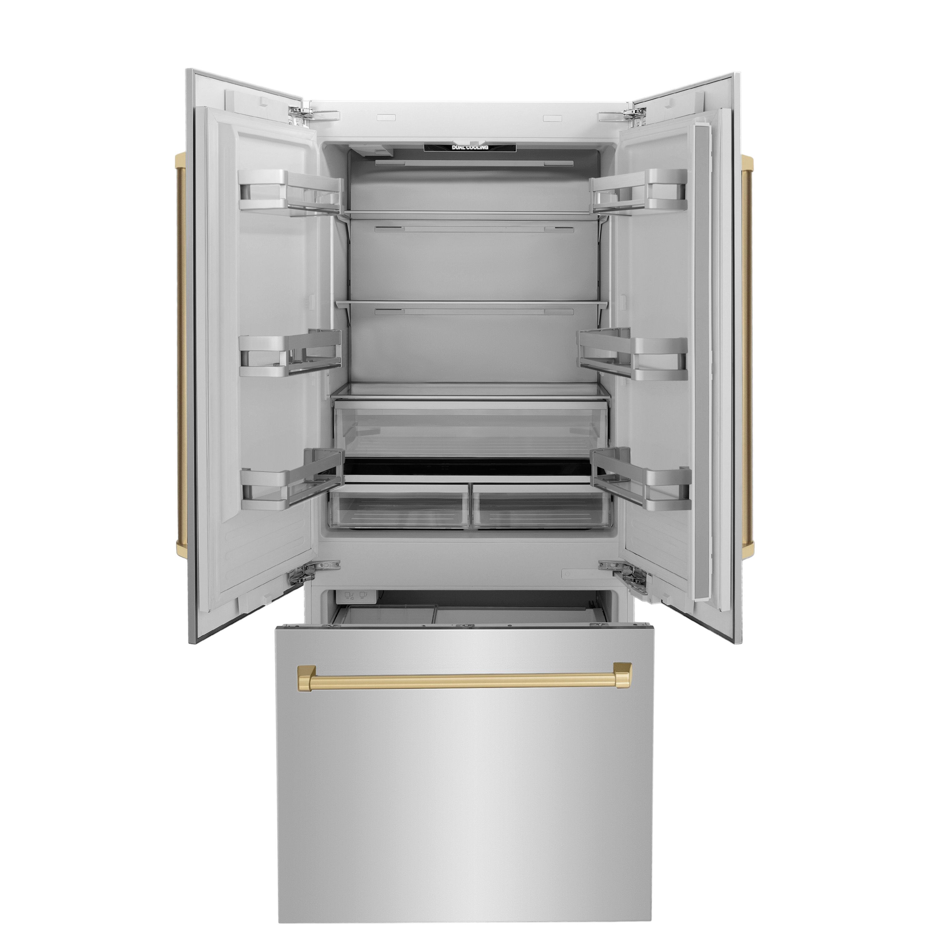 Refrigerador Empotrado de Puerta Francesa de 3 Puertas de Edición Autógrafa de ZLINE KITCHEN & BATH, de 19.6 pies cúbicos de profundidad, con fabricador de hielo y dispensador de agua (acero inoxidable con manijas de bronce champán) certificado por ENERGY STAR RBIVZ-304-36-CB