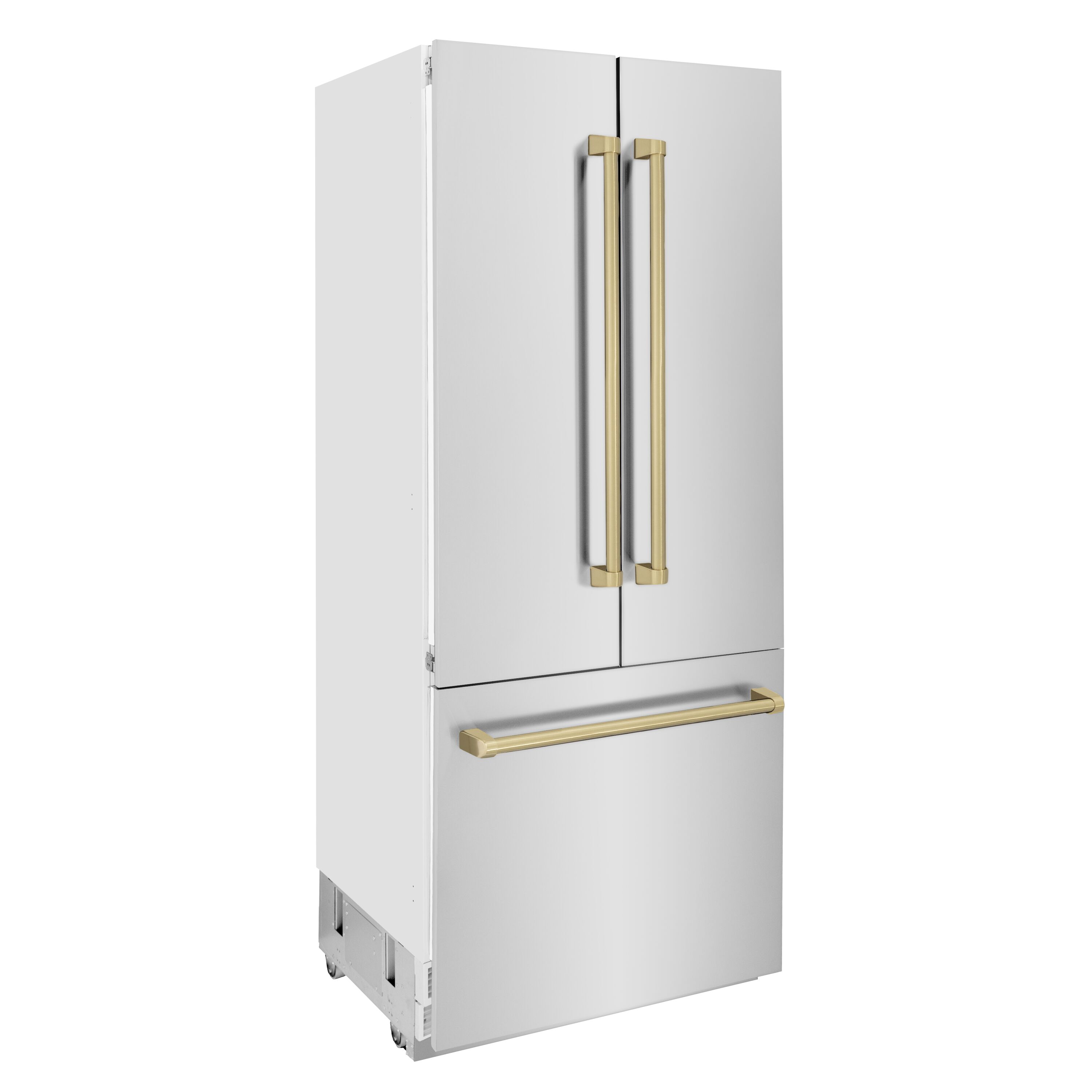 Refrigerador Empotrado de Puerta Francesa de 3 Puertas de Edición Autógrafa de ZLINE KITCHEN & BATH, de 19.6 pies cúbicos de profundidad, con fabricador de hielo y dispensador de agua (acero inoxidable con manijas de bronce champán) certificado por ENERGY STAR RBIVZ-304-36-CB