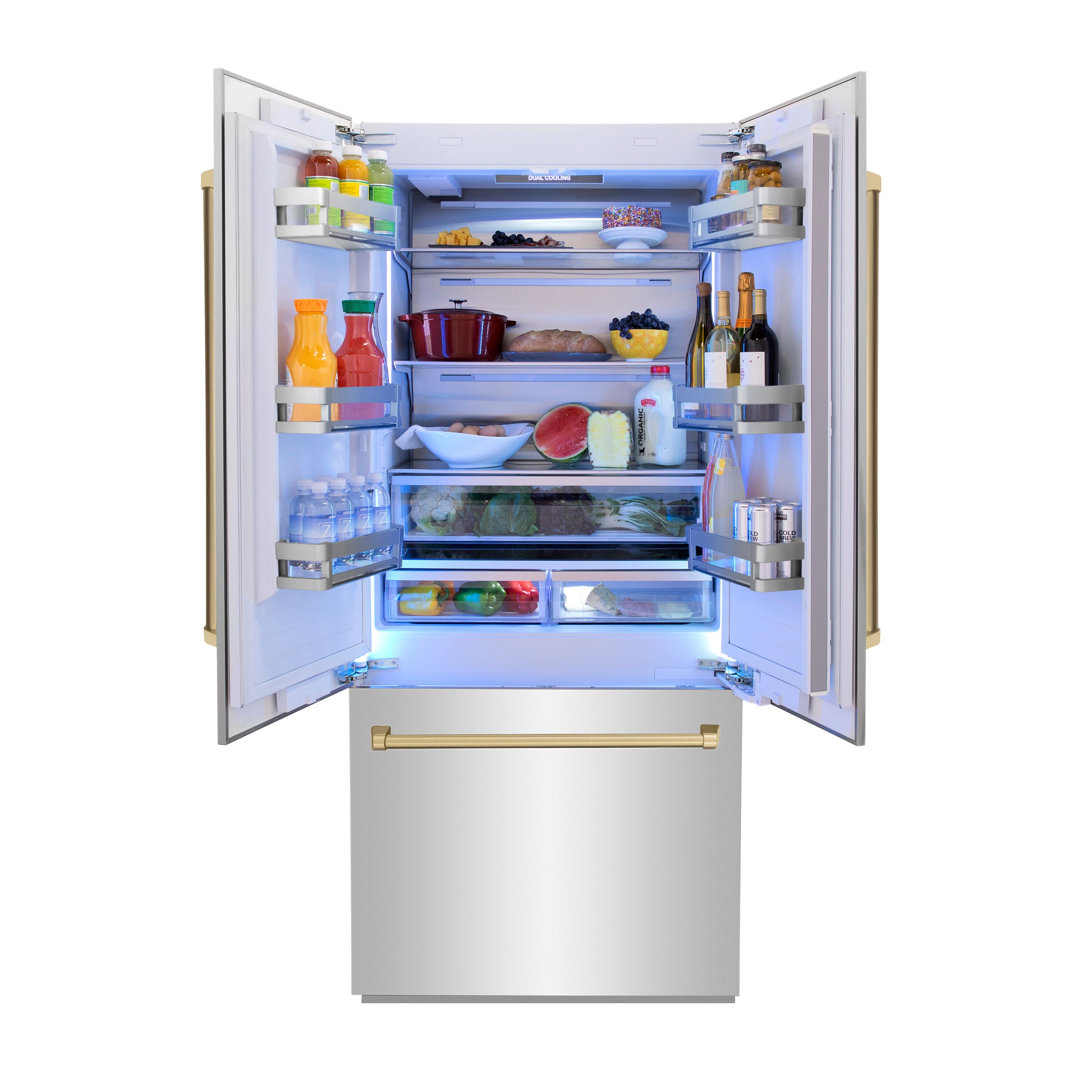 Refrigerador Empotrado de Puerta Francesa de 3 Puertas de Edición Autógrafa de ZLINE KITCHEN & BATH, de 19.6 pies cúbicos de profundidad, con fabricador de hielo y dispensador de agua (acero inoxidable con manijas de bronce champán) certificado por ENERGY STAR RBIVZ-304-36-CB