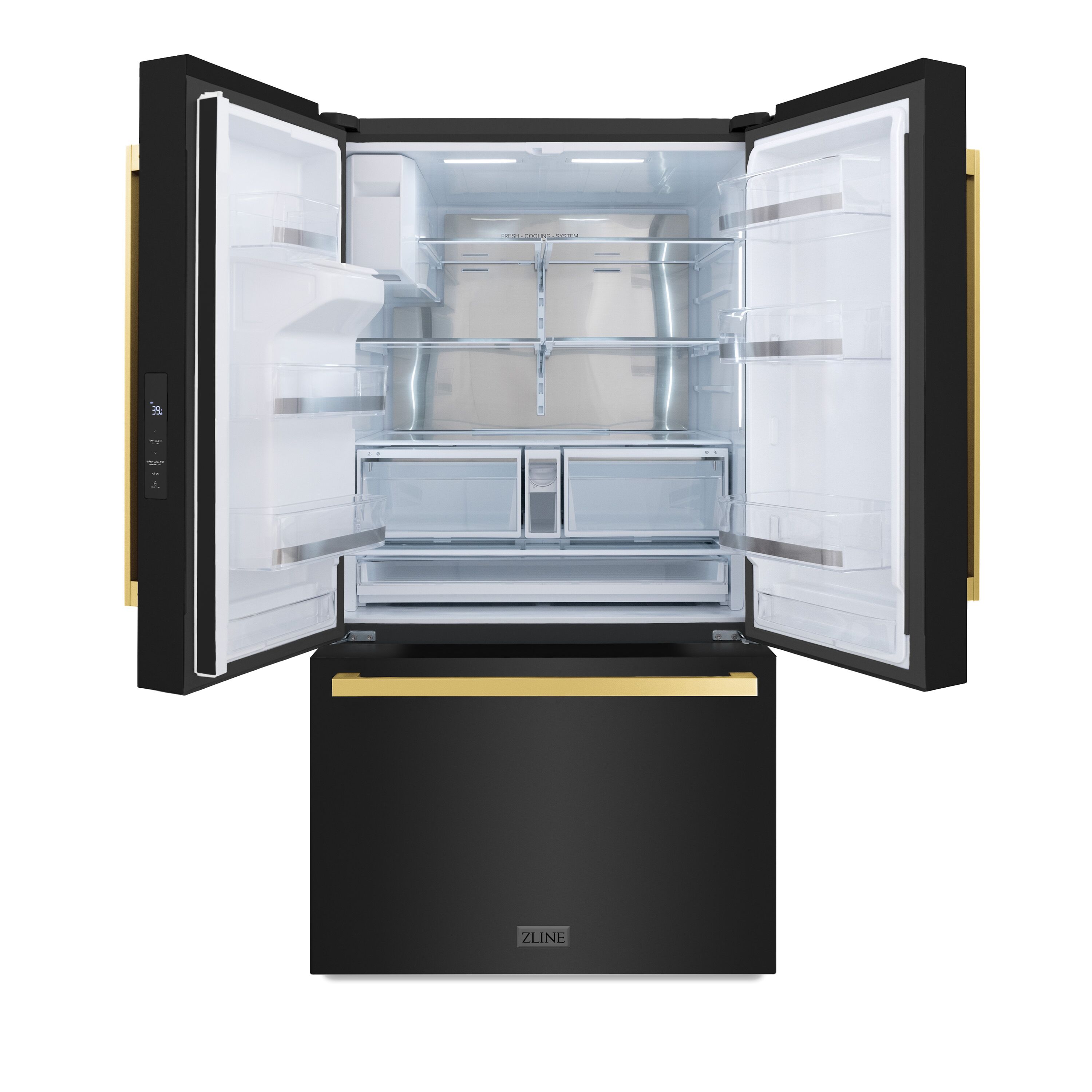 Refrigerador de puertas francesas de 3 puertas estándar de 28.9 pies cúbicos con fabricador de hielo y dispensador de agua y hielo (Acero inoxidable negro con manija plana dorada pulida) certificado ENERGY STAR