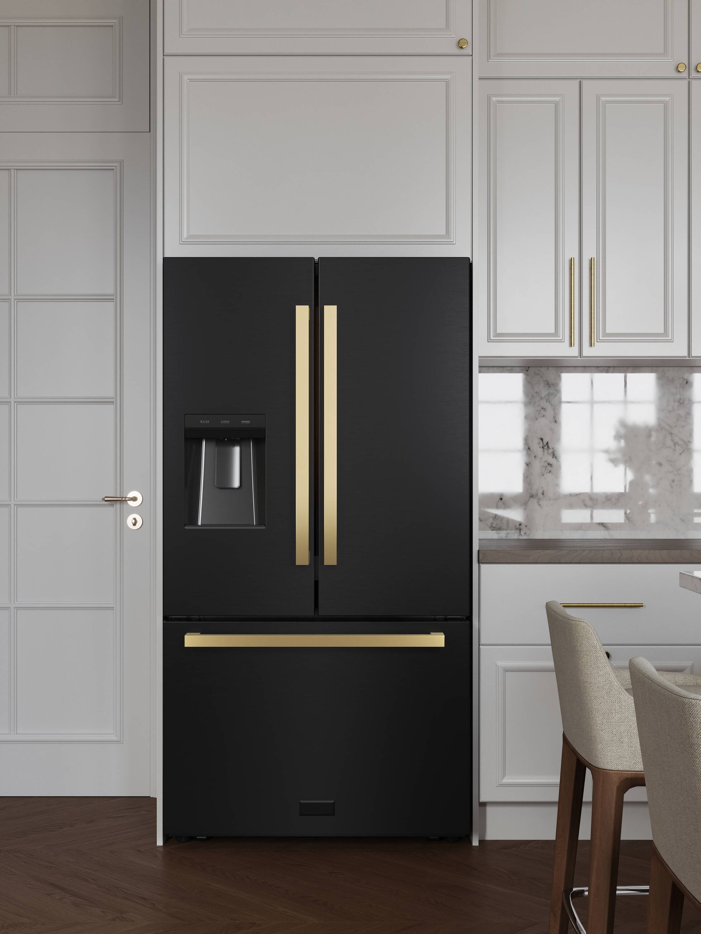Refrigerador de puertas francesas de 3 puertas estándar de 28.9 pies cúbicos con fabricador de hielo y dispensador de agua y hielo (Acero inoxidable negro con manija plana dorada pulida) certificado ENERGY STAR