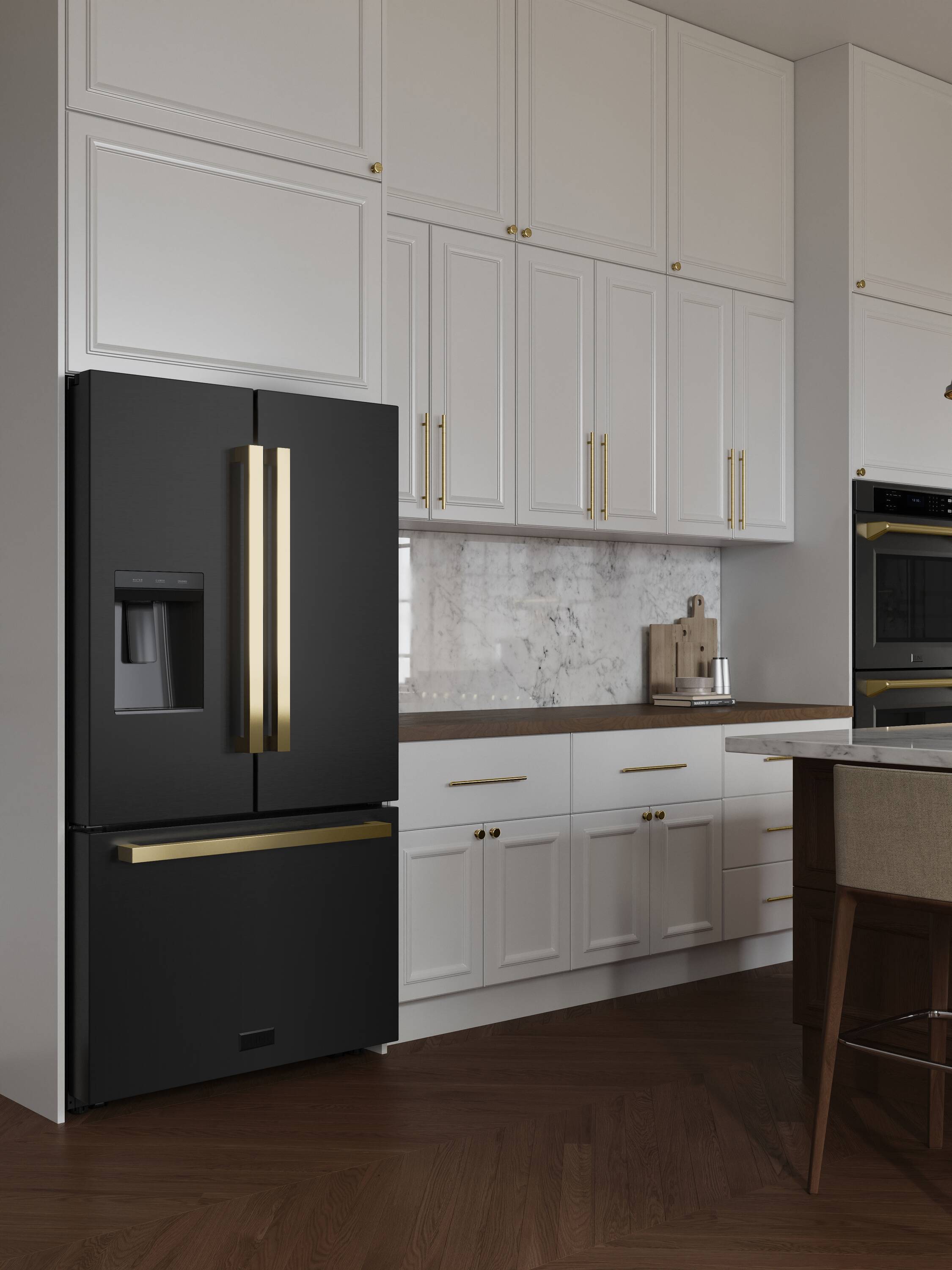 Refrigerador de puertas francesas de 3 puertas estándar de 28.9 pies cúbicos con fabricador de hielo y dispensador de agua y hielo (Acero inoxidable negro con manija plana dorada pulida) certificado ENERGY STAR