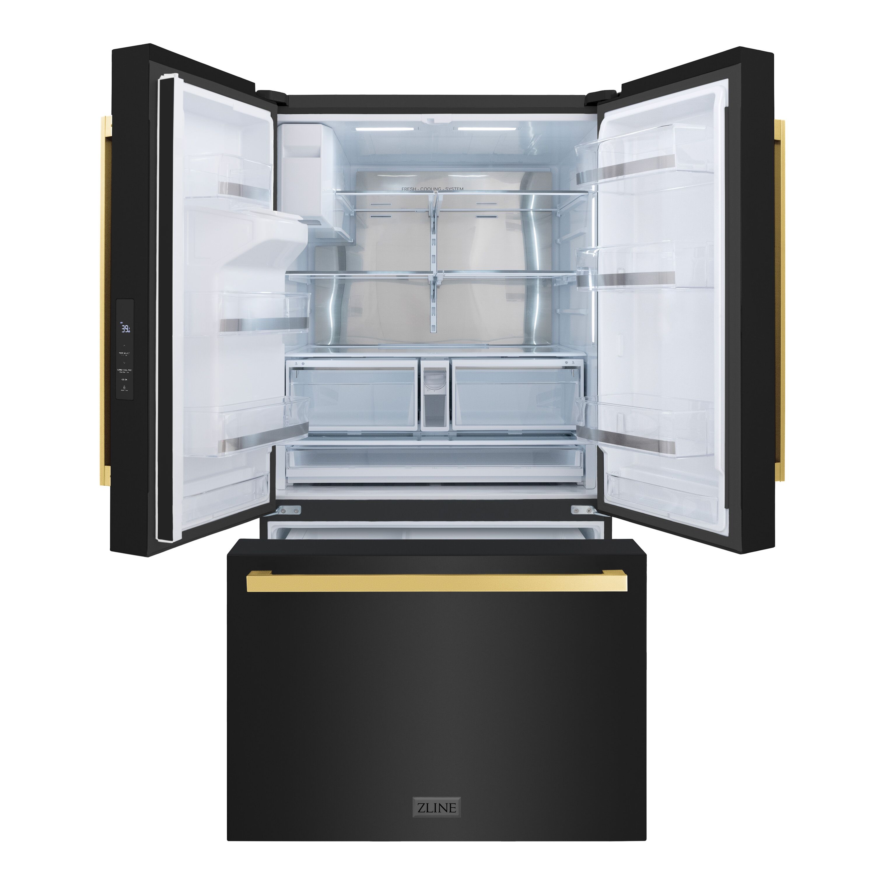 Refrigerador de puertas francesas de 3 puertas estándar de 28.9 pies cúbicos con fabricador de hielo y dispensador de agua y hielo (Acero inoxidable negro con manija plana dorada pulida) certificado ENERGY STAR