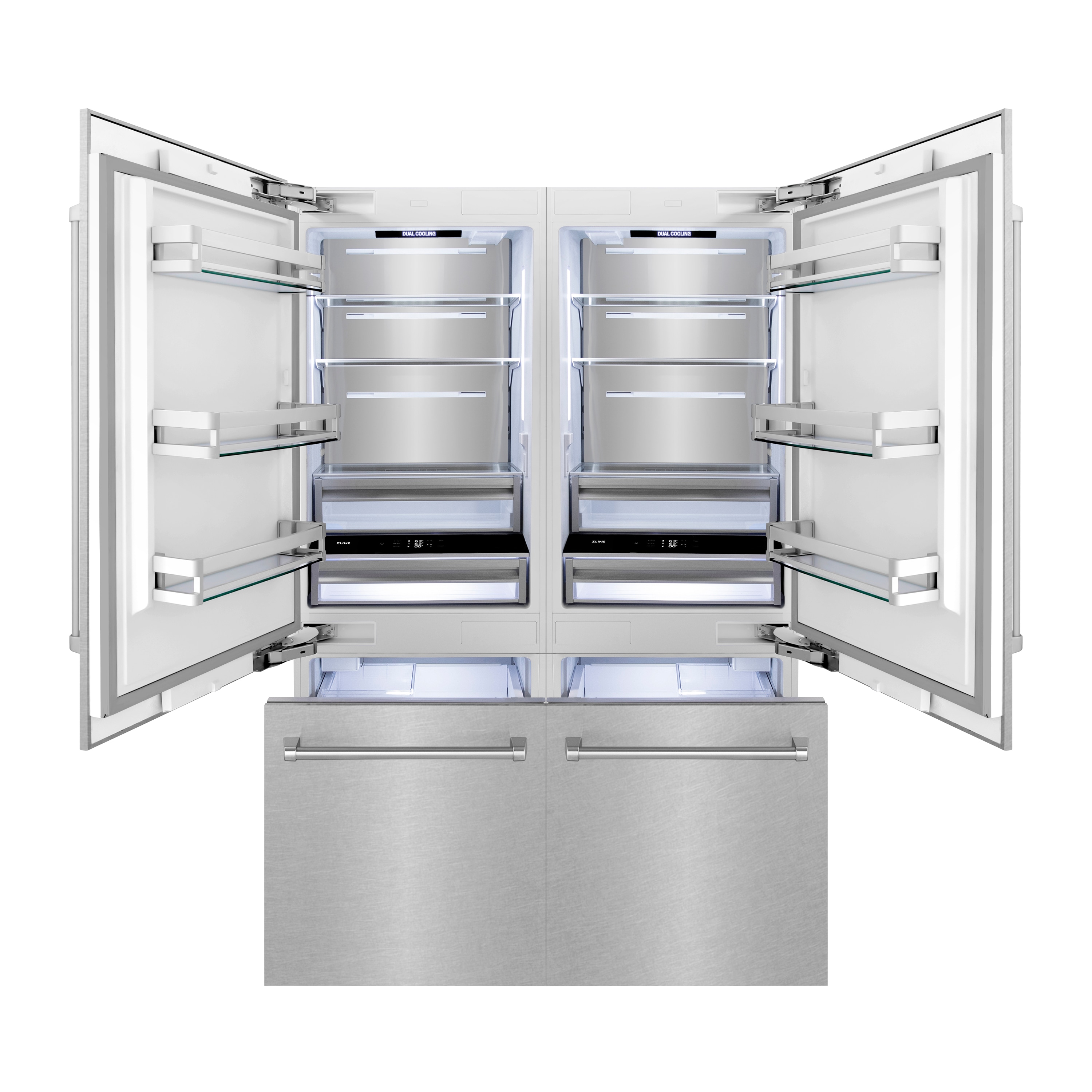 Refrigerador empotrado de puertas francesas ZLINE KITCHEN & BATH de 32.2 pies cúbicos de profundidad de mostrador con dispensador de hielo y agua. Acabado en acero inoxidable resistente a huellas dactilares. Certificado ENERGY STAR RBIV-SN-60.