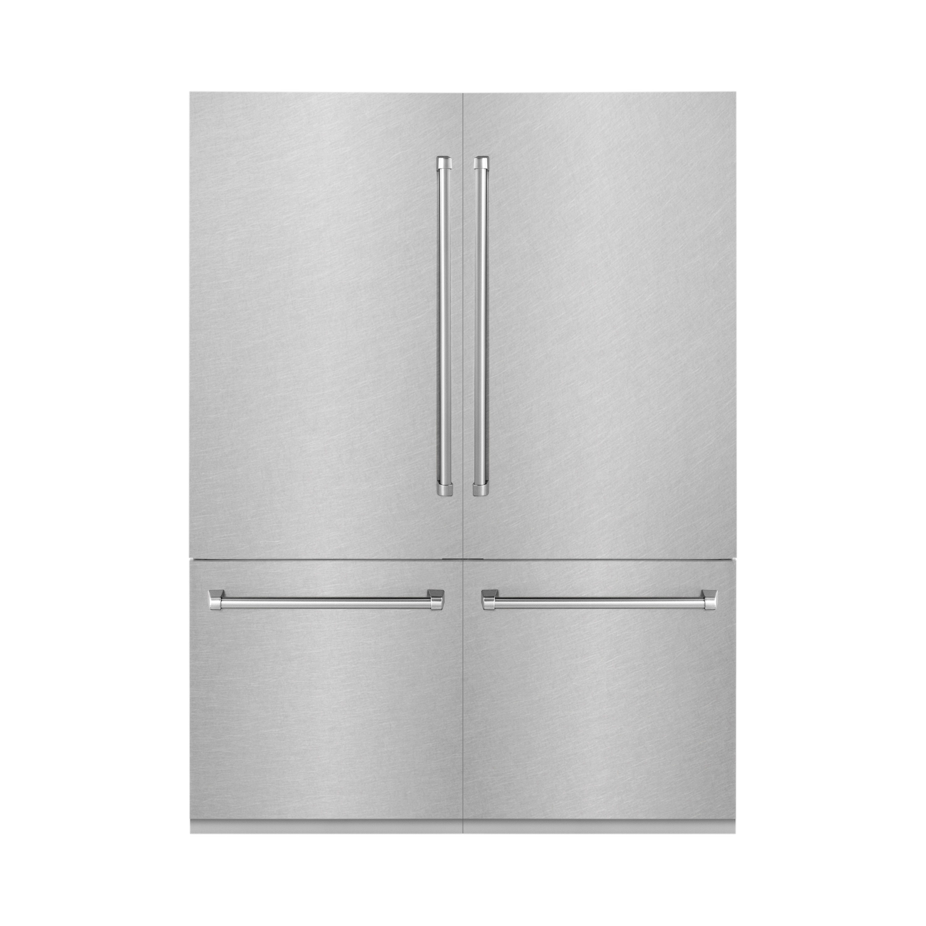 Refrigerador empotrado de puertas francesas ZLINE KITCHEN & BATH de 32.2 pies cúbicos de profundidad de mostrador con dispensador de hielo y agua. Acabado en acero inoxidable resistente a huellas dactilares. Certificado ENERGY STAR RBIV-SN-60.