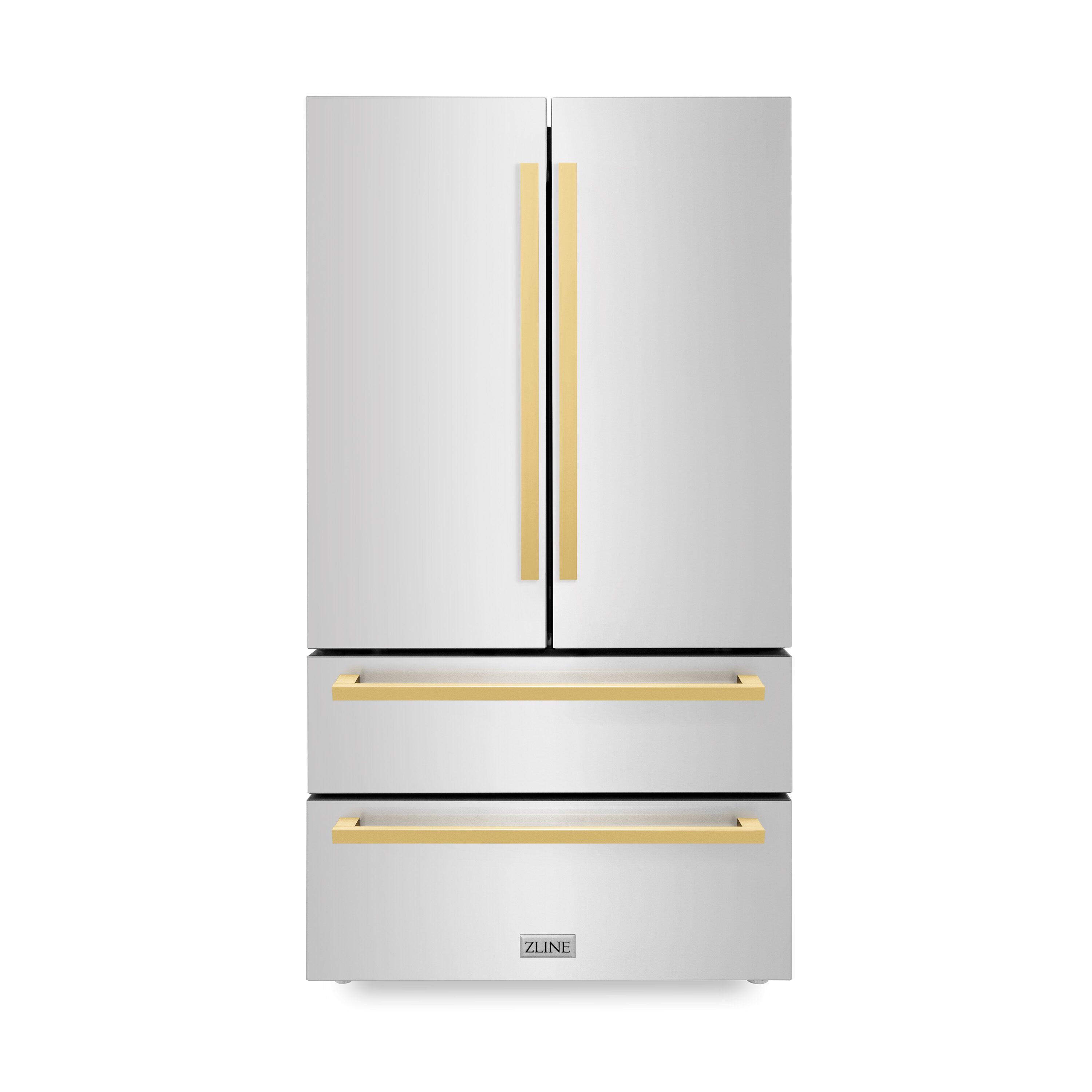 Refrigerador Francés de Puerta Cuádruple de Profundidad de Mostrador ZLINE KITCHEN & BATH de 21.6 pies cúbicos con Fabricador de Hielo y Dispensador de Hielo (Acabado en Acero Inoxidable con Mango Dorado Pulido Plano) Certificado ENERGY STAR RFMZ-36-FG