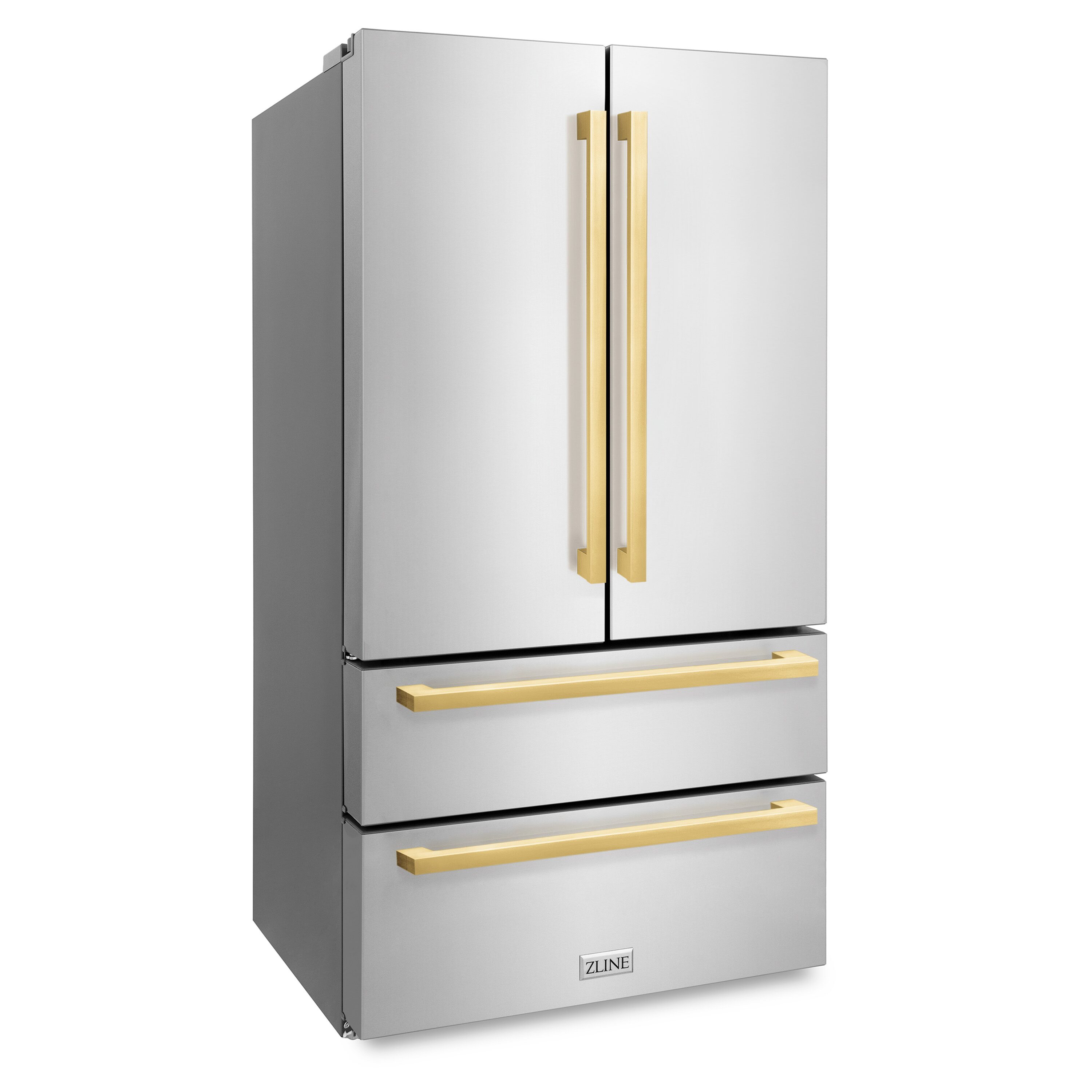 Refrigerador Francés de Puerta Cuádruple de Profundidad de Mostrador ZLINE KITCHEN & BATH de 21.6 pies cúbicos con Fabricador de Hielo y Dispensador de Hielo (Acabado en Acero Inoxidable con Mango Dorado Pulido Plano) Certificado ENERGY STAR RFMZ-36-FG