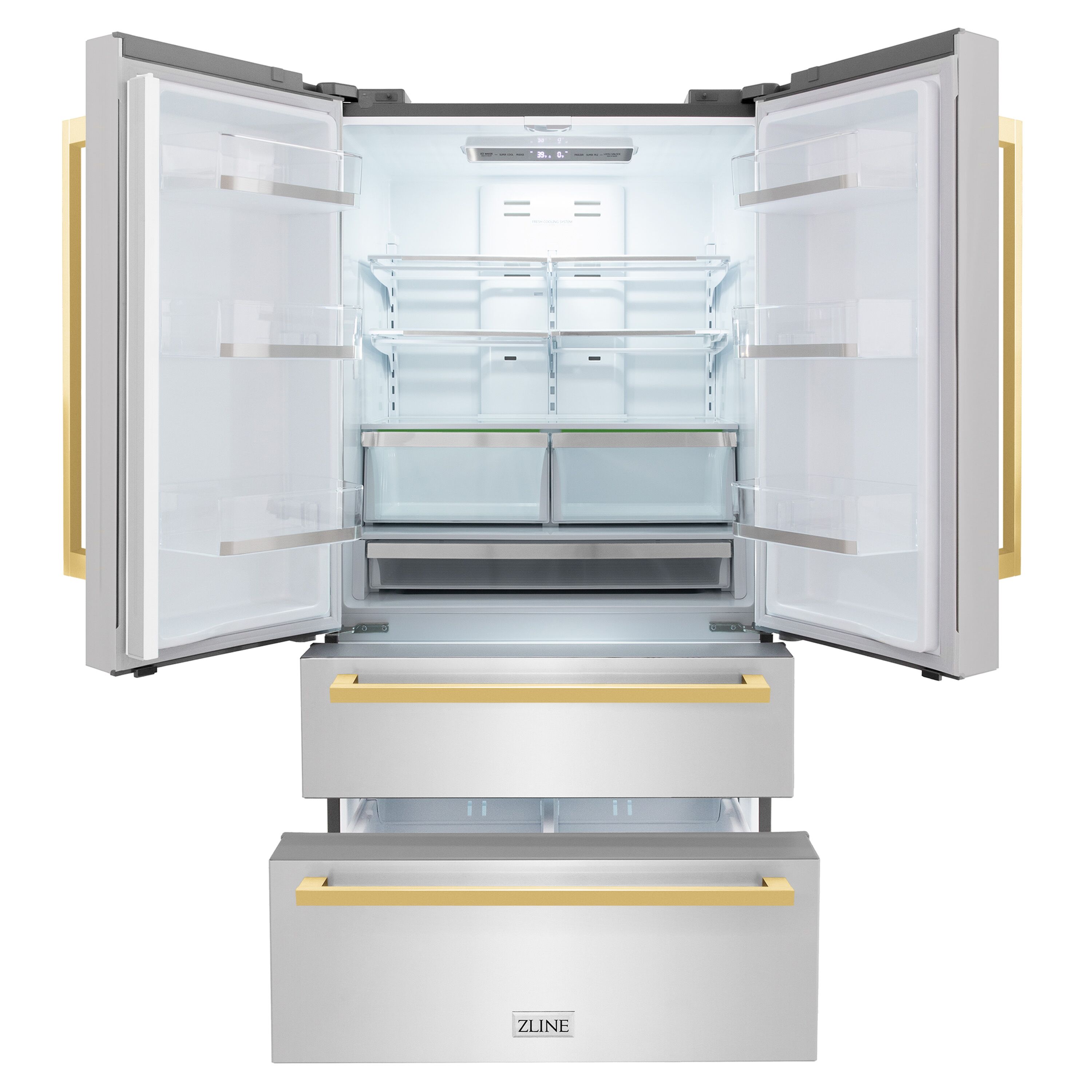 Refrigerador Francés de Puerta Cuádruple de Profundidad de Mostrador ZLINE KITCHEN & BATH de 21.6 pies cúbicos con Fabricador de Hielo y Dispensador de Hielo (Acabado en Acero Inoxidable con Mango Dorado Pulido Plano) Certificado ENERGY STAR RFMZ-36-FG