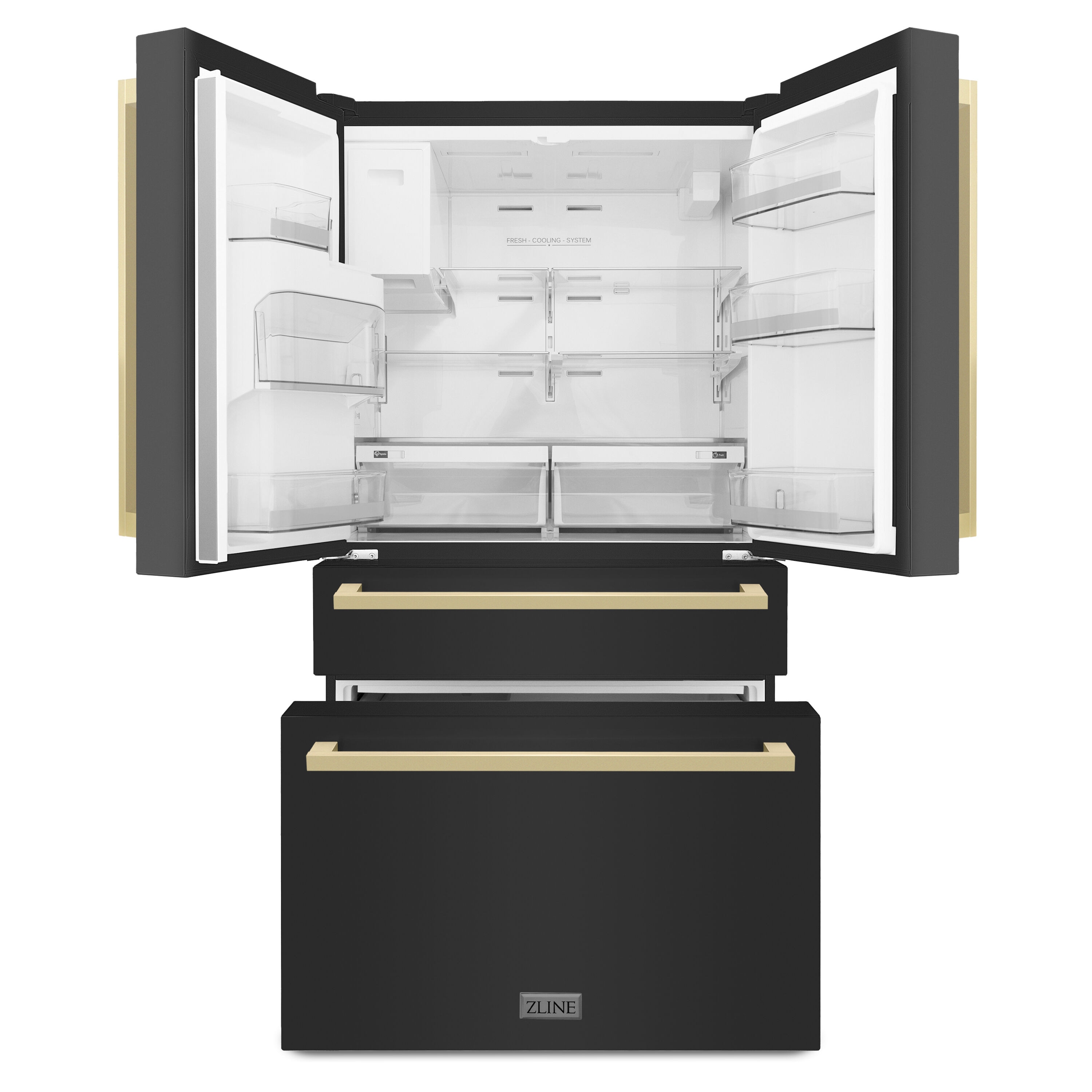 Refrigerador empotrado de puertas francesas ZLINE KITCHEN & BATH de 22.5 pies cúbicos con dispensador de hielo y agua (Acero inoxidable negro con detalles en bronce champán) Certificado ENERGY STAR RFMZ-W36-BS-FCB