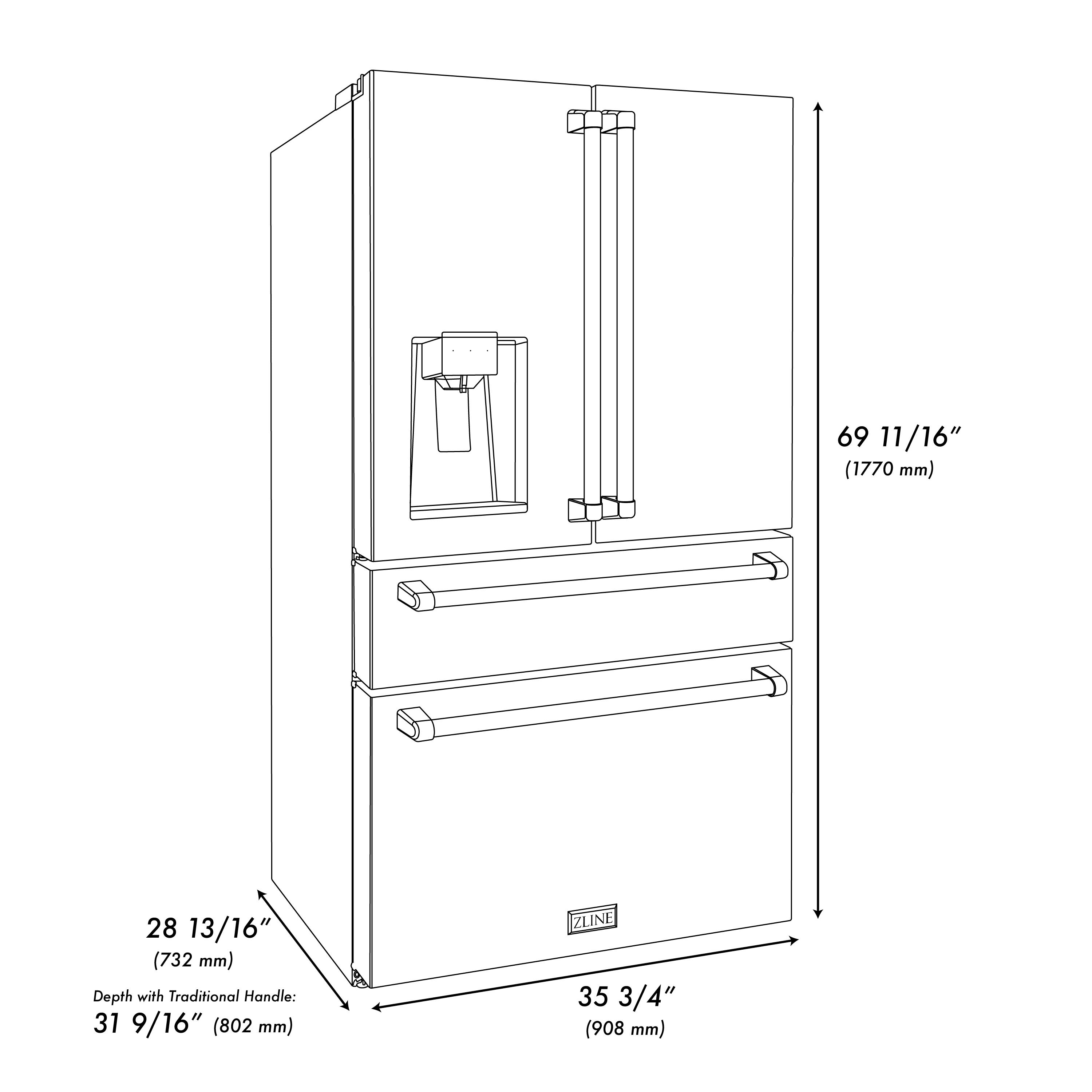 Refrigerador empotrado de puertas francesas ZLINE KITCHEN & BATH de 22.5 pies cúbicos con dispensador de hielo y agua (Acero inoxidable negro con detalles en bronce champán) Certificado ENERGY STAR RFMZ-W36-BS-FCB