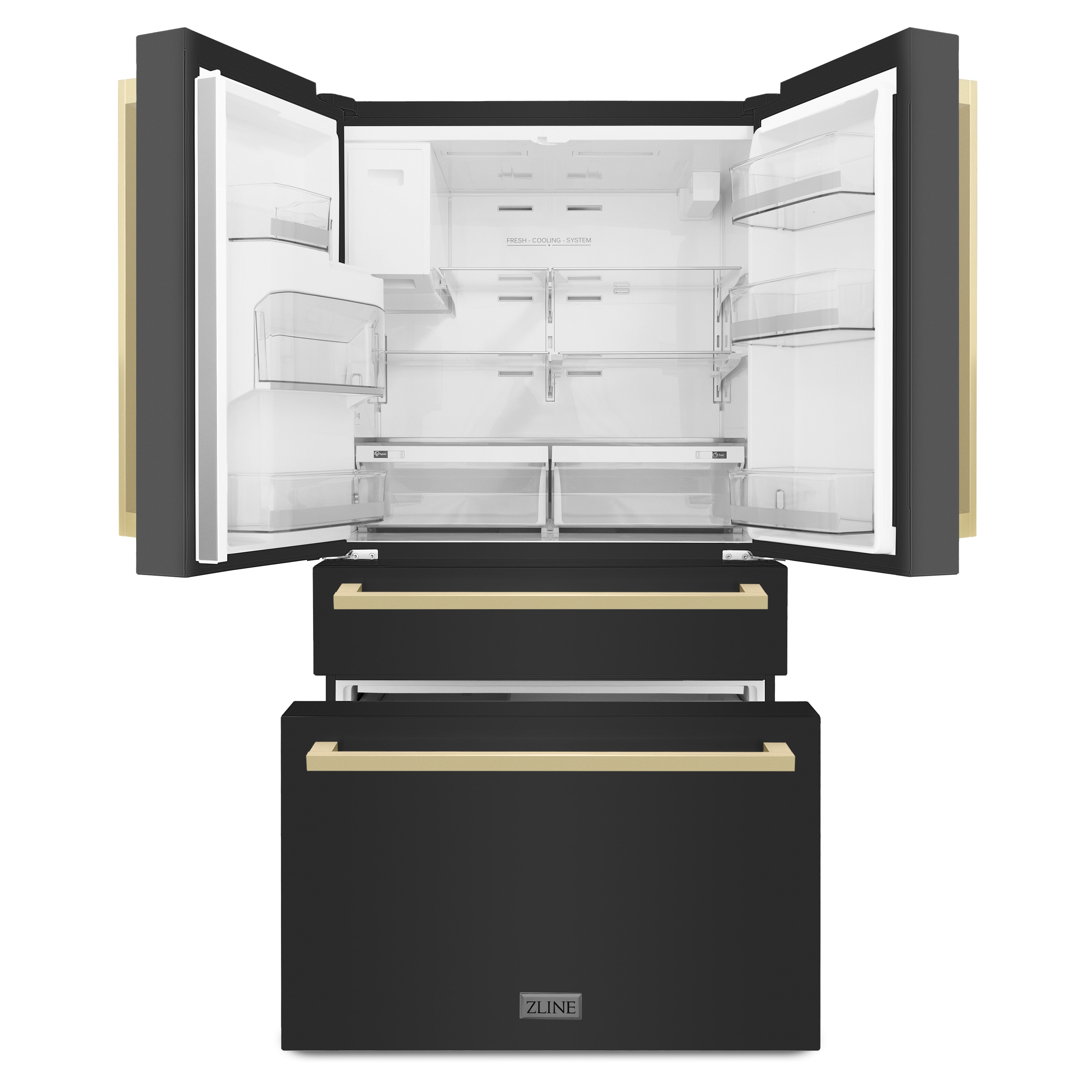 Refrigerador empotrado de puertas francesas ZLINE KITCHEN & BATH de 22.5 pies cúbicos con dispensador de hielo y agua (Acero inoxidable negro con detalles en bronce champán) Certificado ENERGY STAR RFMZ-W36-BS-FCB
