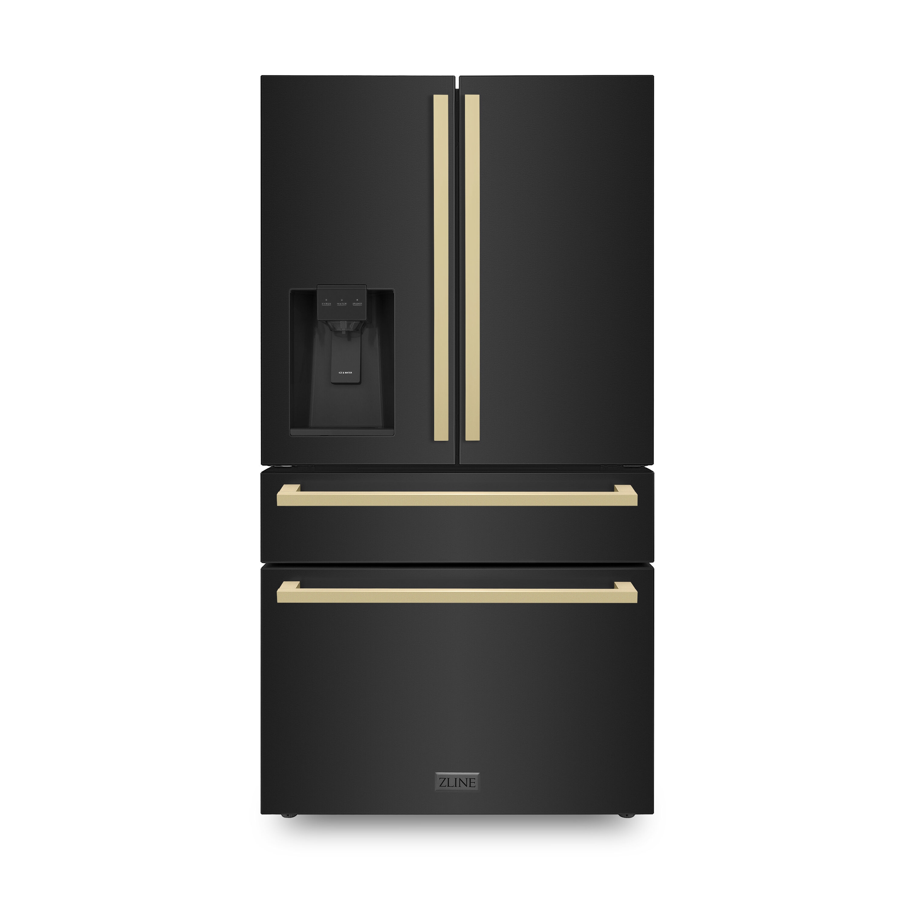 Refrigerador empotrado de puertas francesas ZLINE KITCHEN & BATH de 22.5 pies cúbicos con dispensador de hielo y agua (Acero inoxidable negro con detalles en bronce champán) Certificado ENERGY STAR RFMZ-W36-BS-FCB