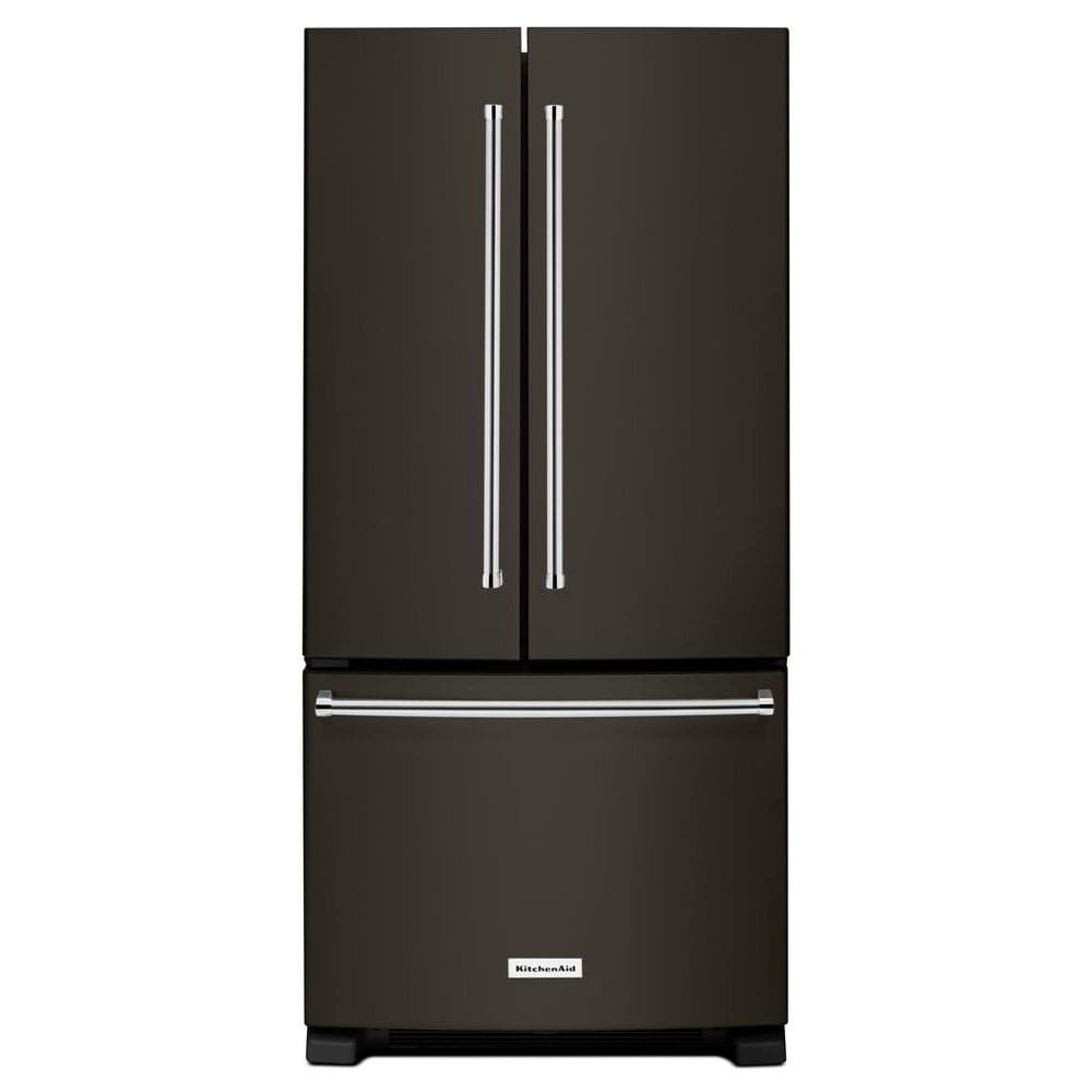 Refrigerador francés de 3 puertas estándar de KitchenAid de 22.1 pies cúbicos con fabricador de hielo y dispensador de agua (acabado en acero inoxidable negro con tecnología PRINTSHIELD) certificado ENERGY STAR KRFF302EBS