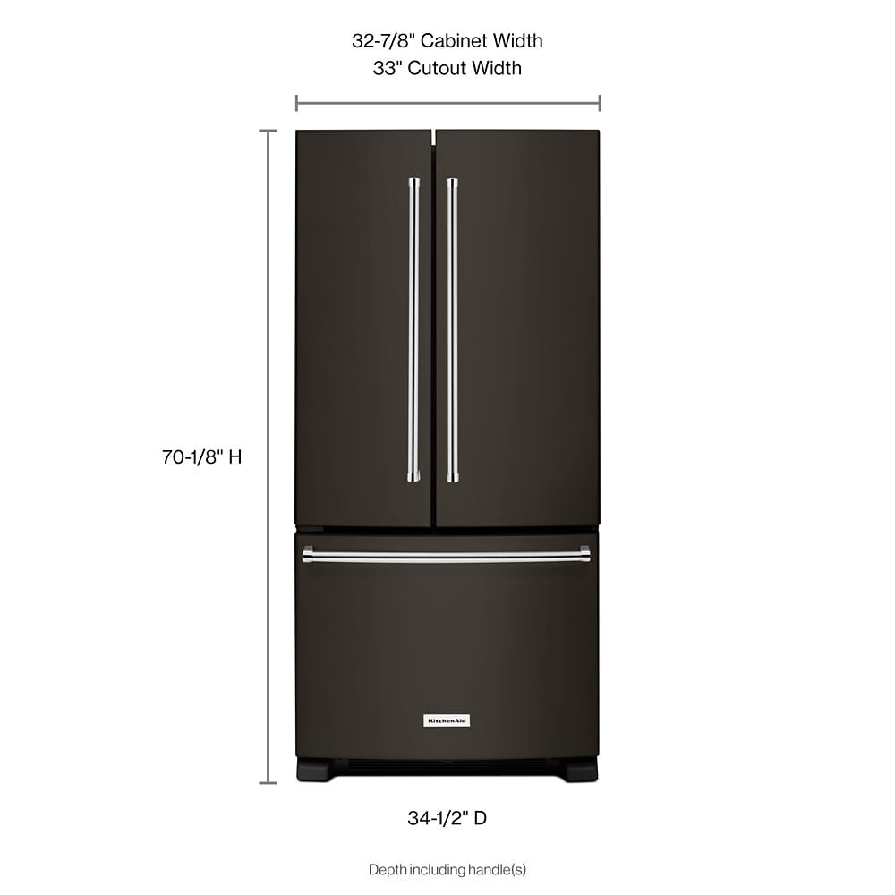 Refrigerador francés de 3 puertas estándar de KitchenAid de 22.1 pies cúbicos con fabricador de hielo y dispensador de agua (acabado en acero inoxidable negro con tecnología PRINTSHIELD) certificado ENERGY STAR KRFF302EBS